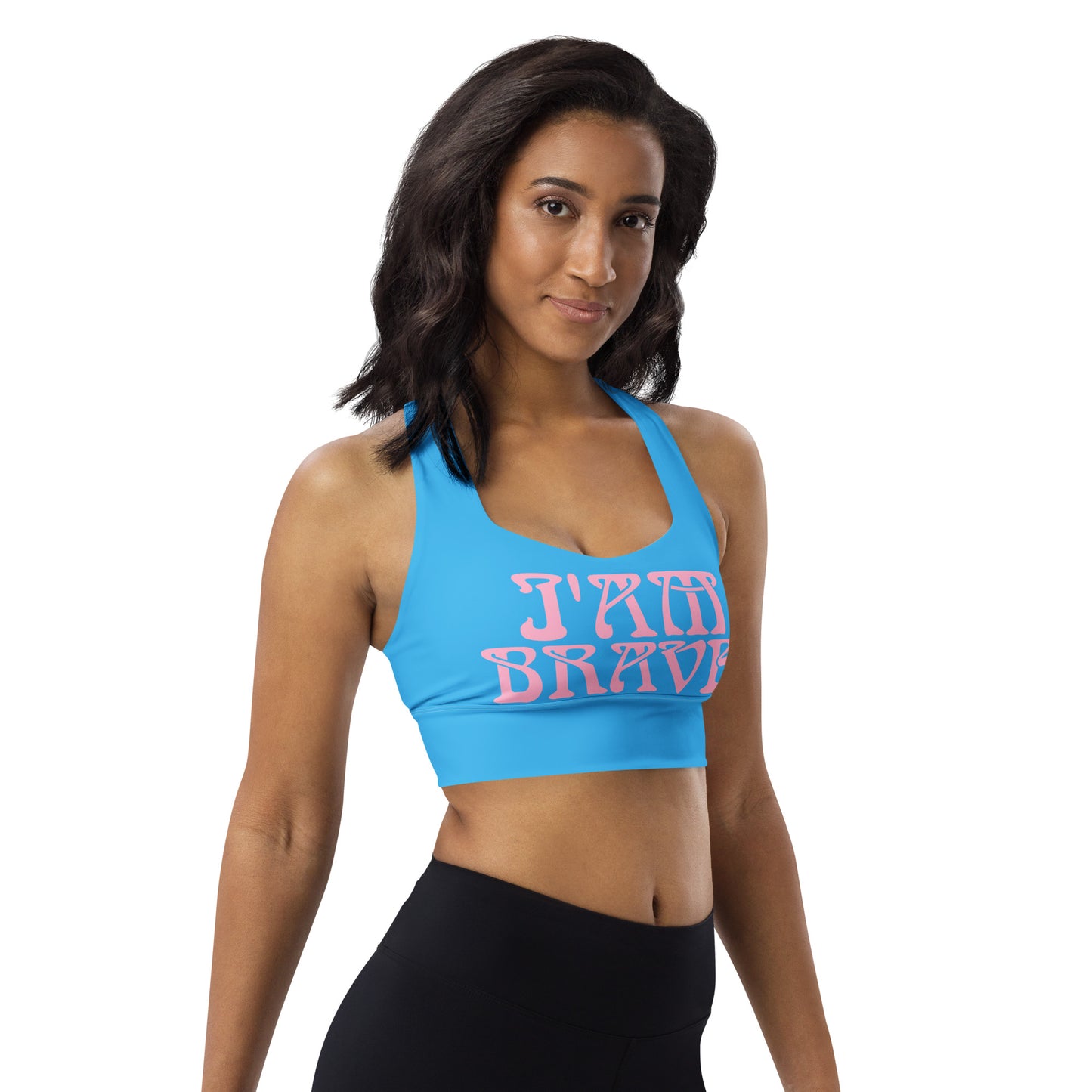 “I’AM BRAVE!” SkyBlue Longline Sports Bra W/Cotton Candy Font