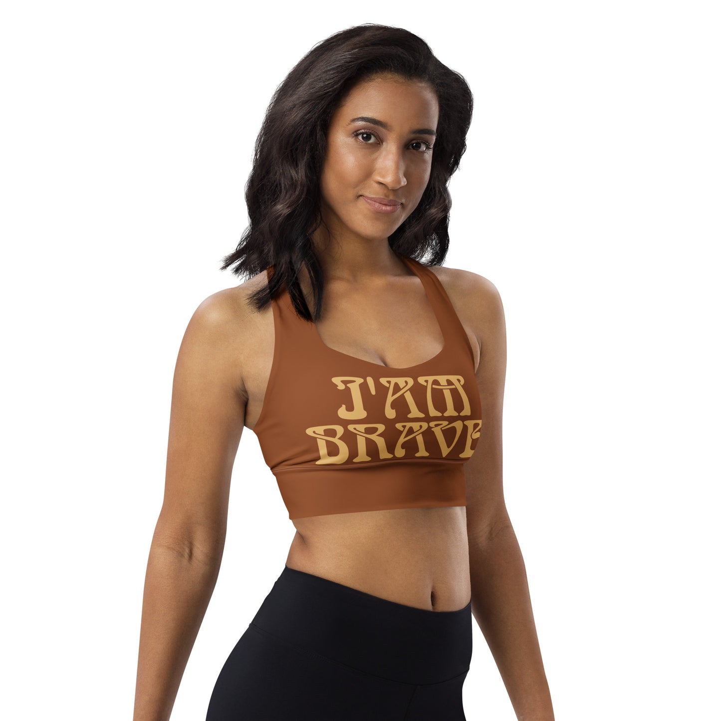 “I’AM BRAVE!” Brown Longline Sports Bra W/Fawn Font