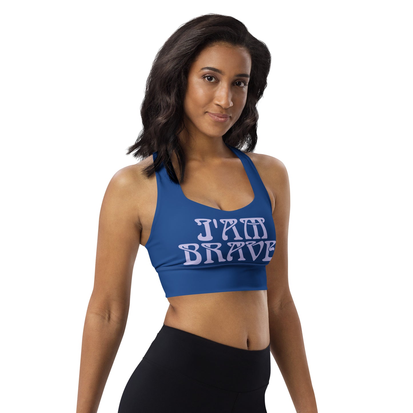 “I’AM BRAVE!” Cerulean Longline Sports Bra W/Purple Font