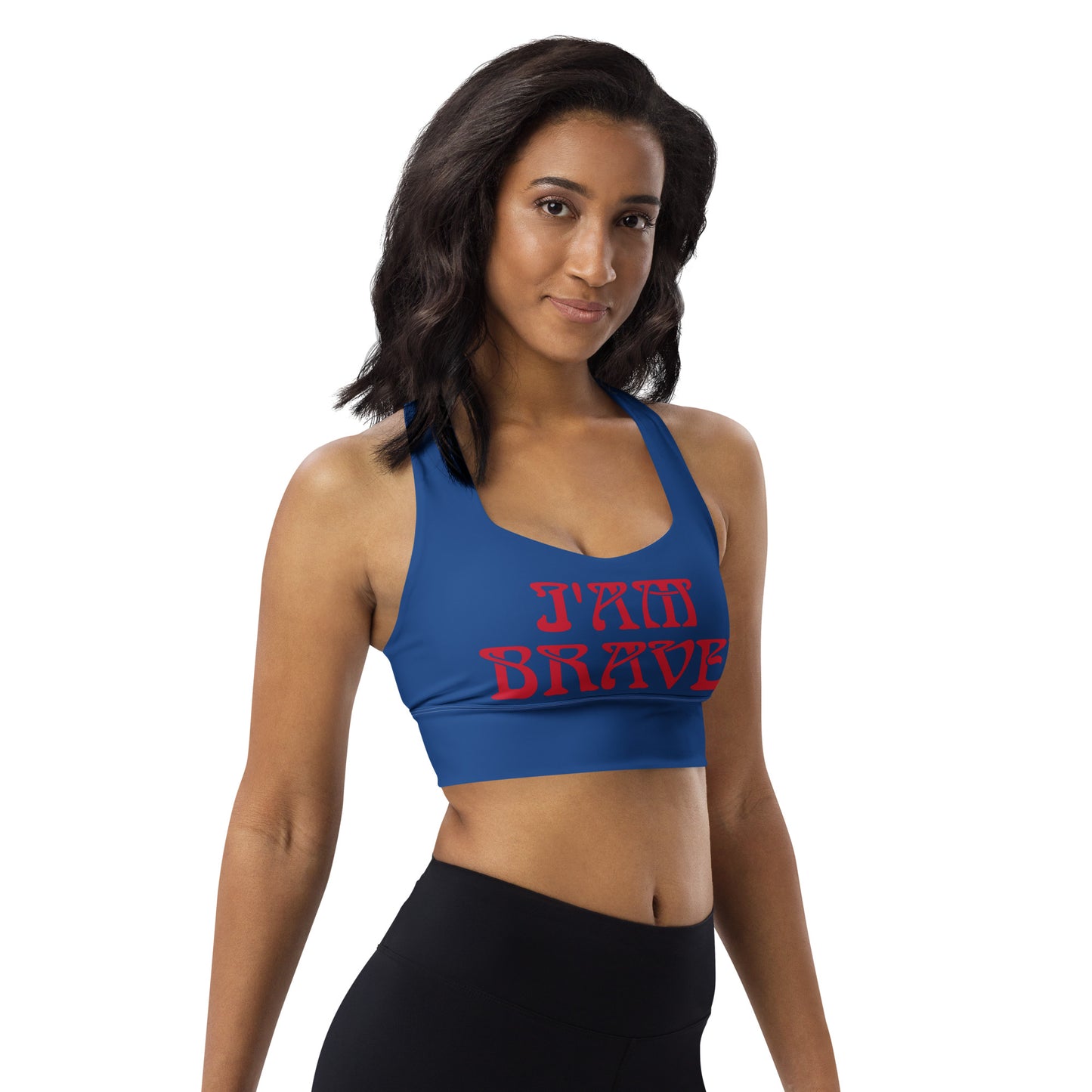 “I’AM BRAVE!” Cerulean Longline Sports Bra W/Red Font