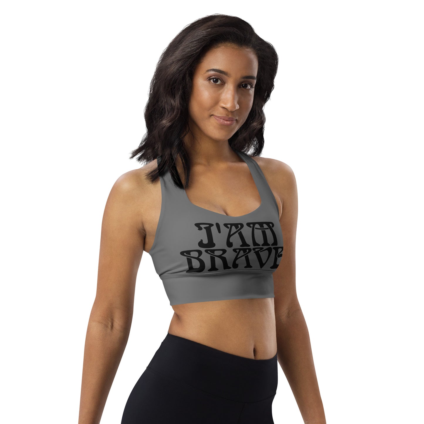 “I’AM BRAVE!” Grey Longline Sports Bra W/Black Font