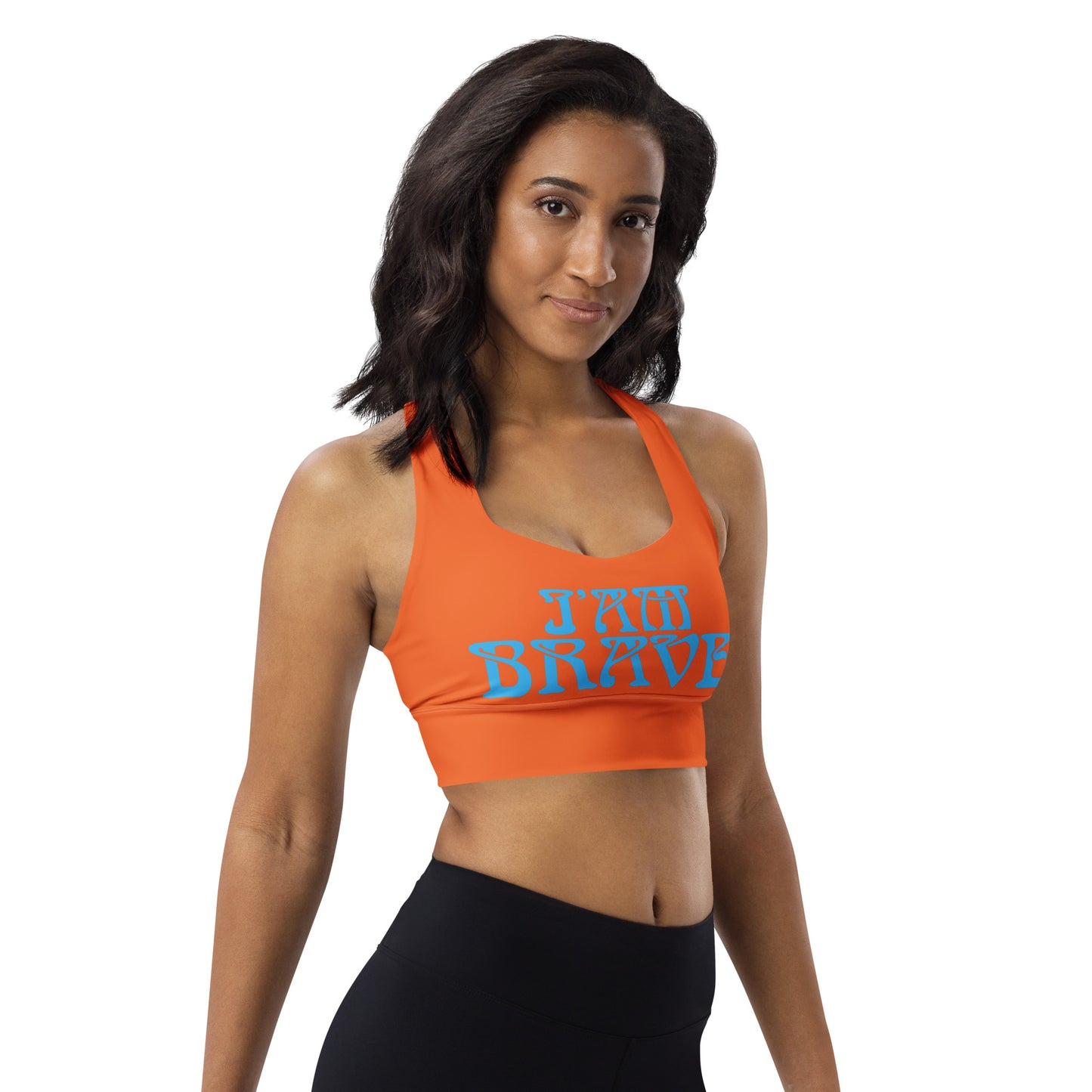 “I’AM BRAVE!” Orange Longline Sports Bra W/SkyBlue Font