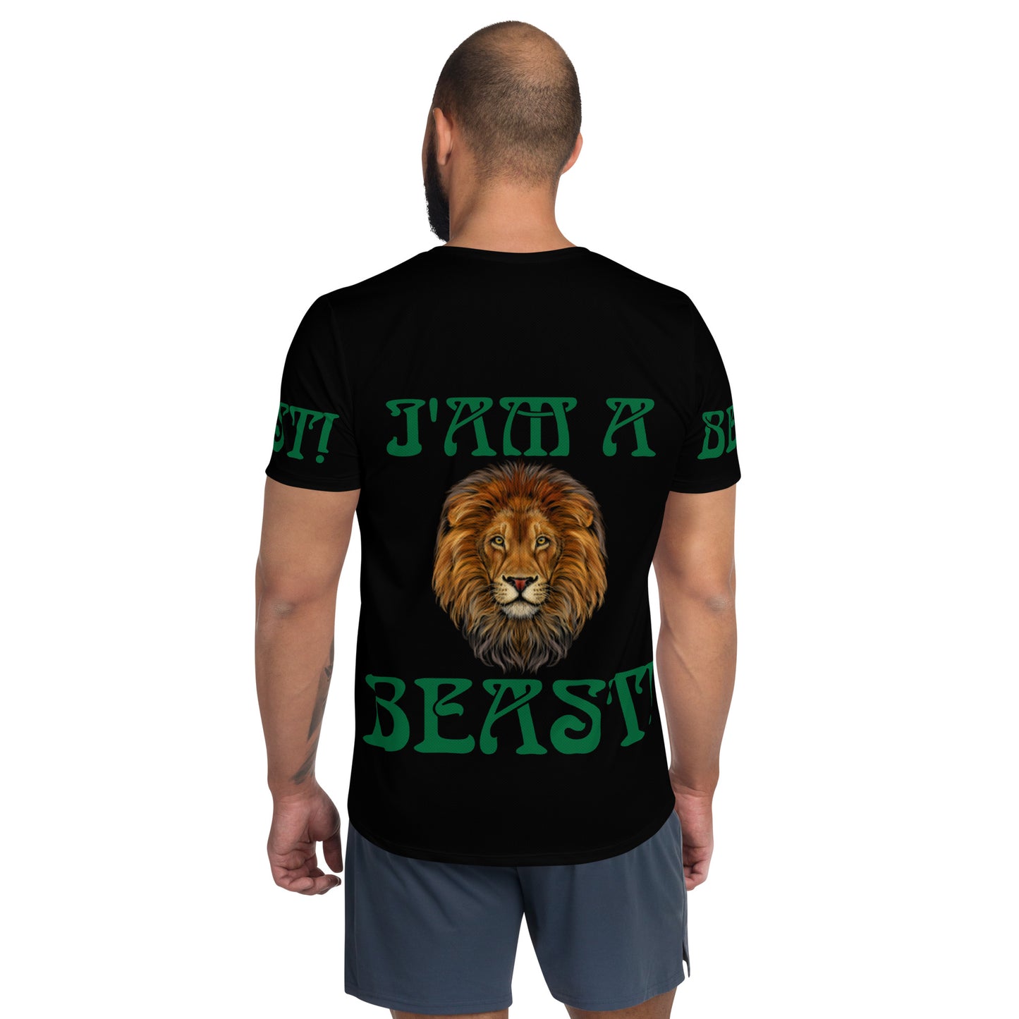 “I’AM A BEAST!”Black Men's Athletic T-Shirt W/Green Font