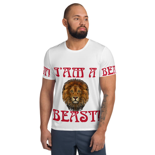 “I’AM A BEAST!”White Men's Athletic T-Shirt W/Red Font