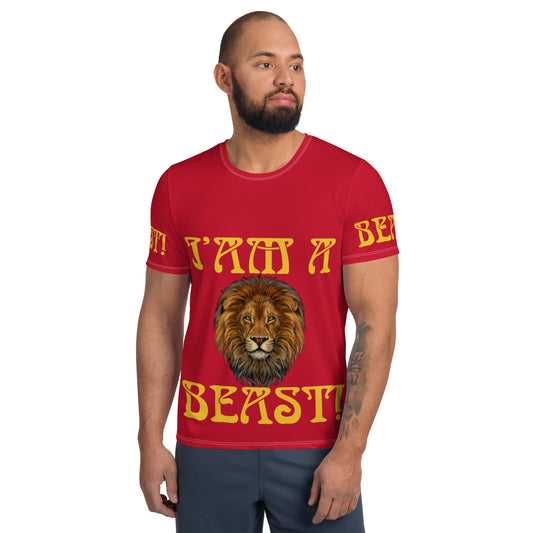 “I’AM A BEAST!”Red Men's Athletic T-Shirt W/Yellow Font