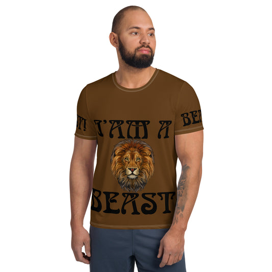“I’AM A BEAST!”Brown Men's Athletic T-Shirt W/Black Font