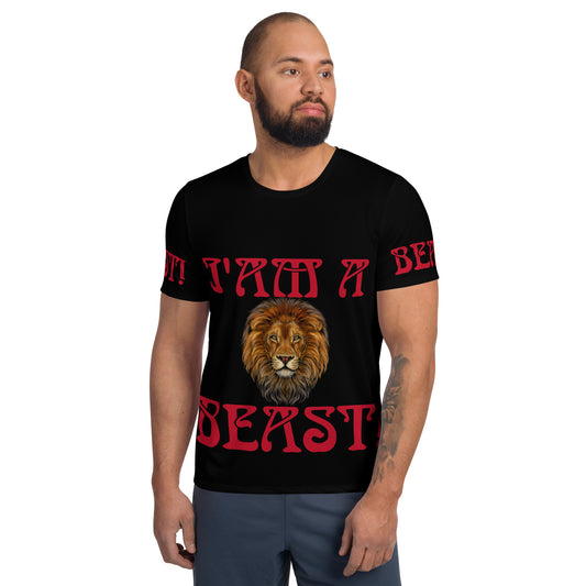 “I’AM A BEAST!”Black Men's Athletic T-Shirt W/Red Font