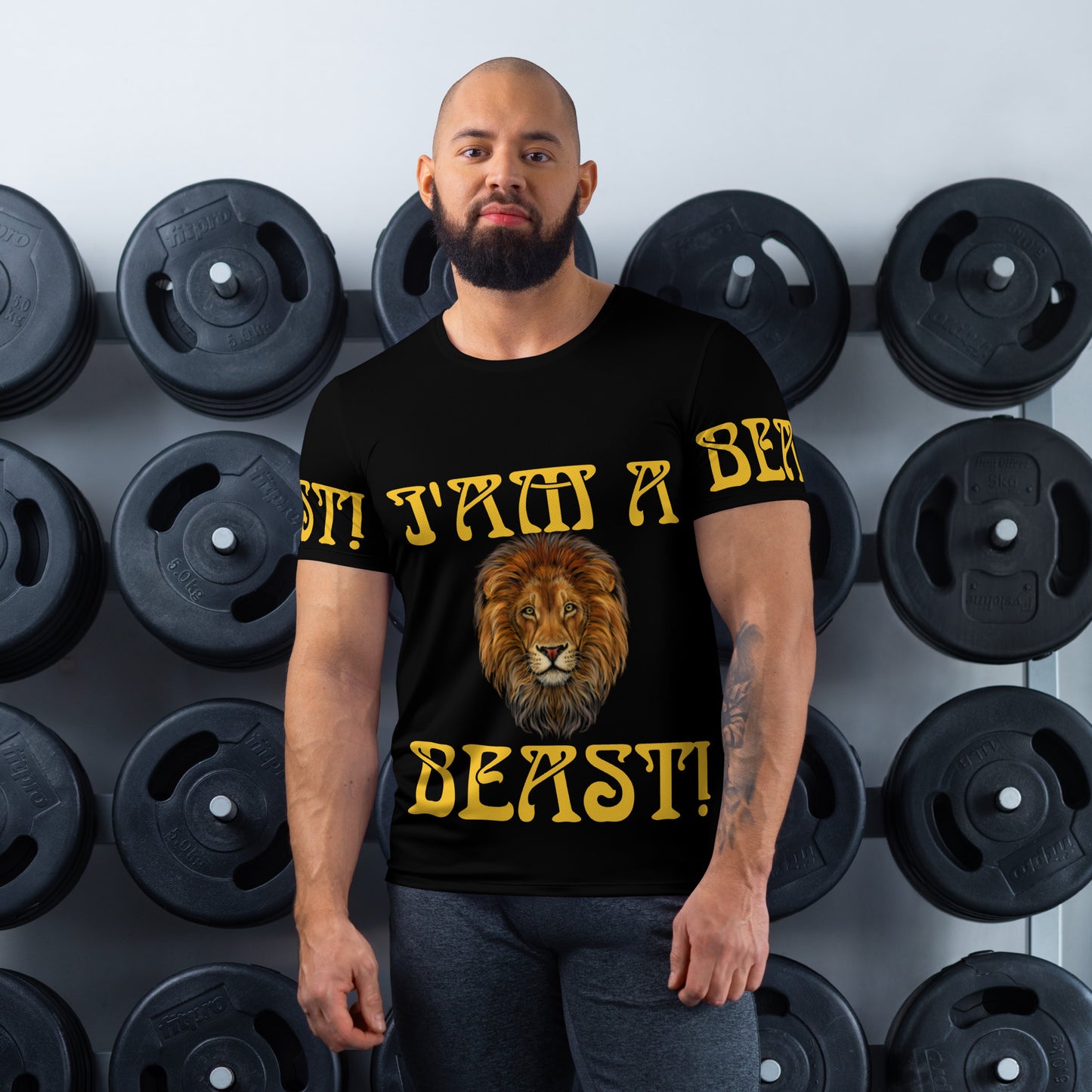 “I’AM A BEAST!”Black Men's Athletic T-Shirt W/Yellow Font