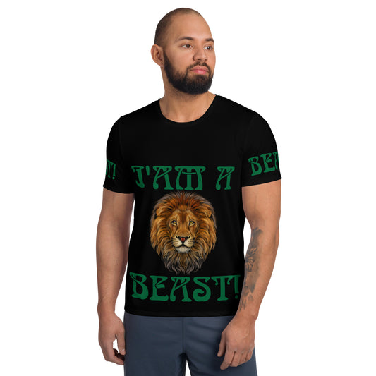 “I’AM A BEAST!”Black Men's Athletic T-Shirt W/Green Font