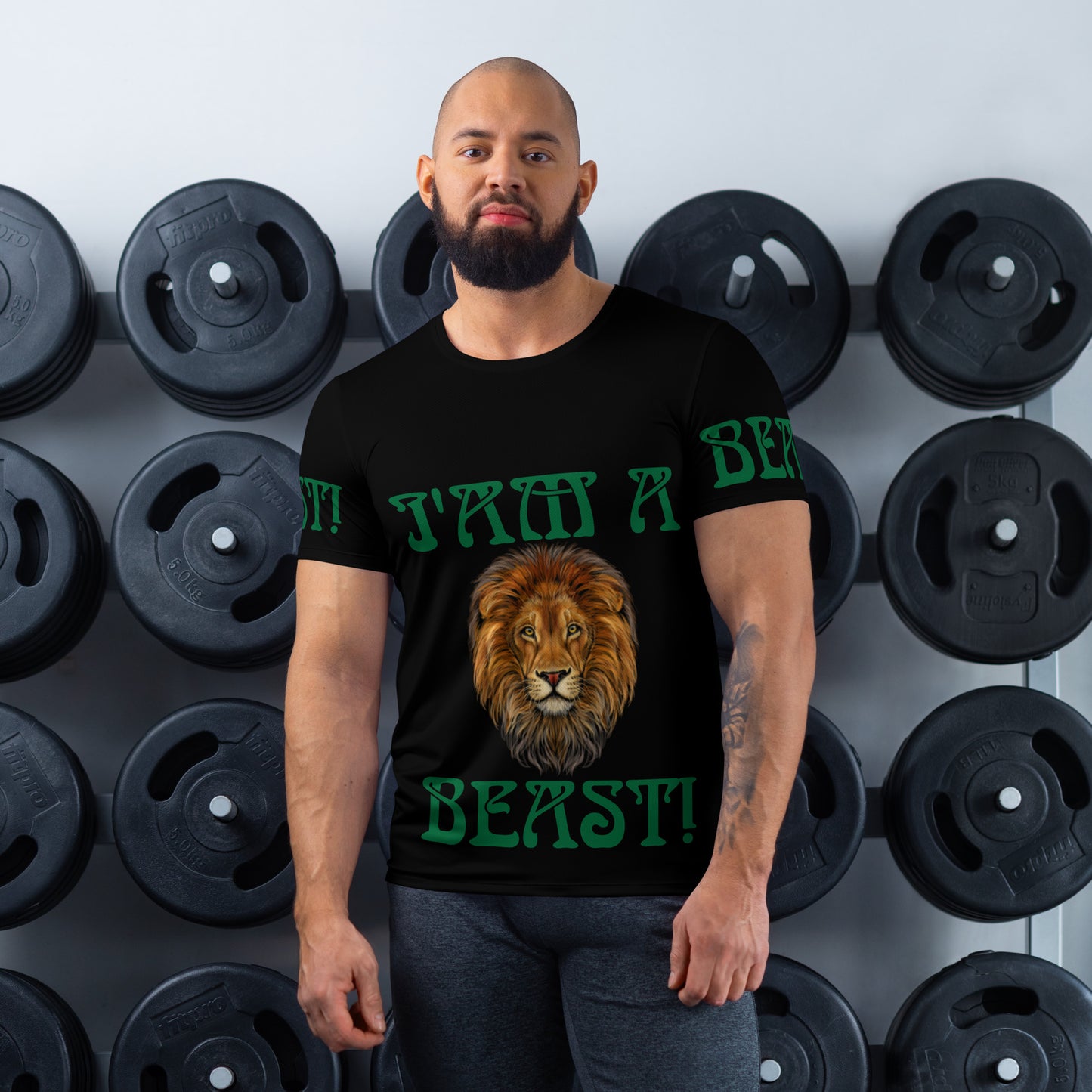 “I’AM A BEAST!”Black Men's Athletic T-Shirt W/Green Font