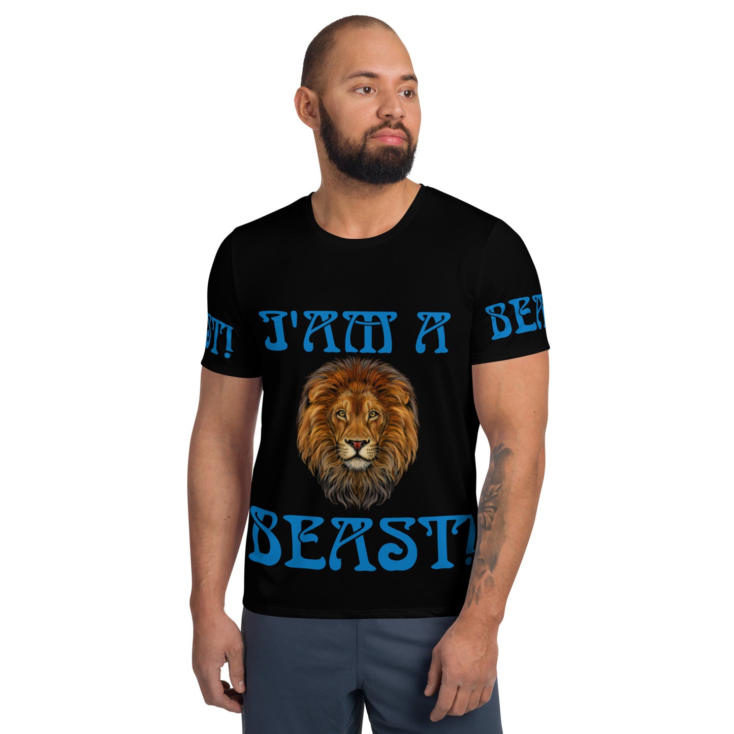 “I’AM A BEAST!” Black Men's Athletic T-Shirt W/Navy Blue Font