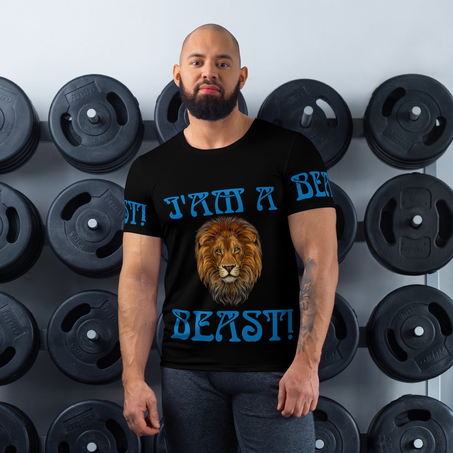 “I’AM A BEAST!” Black Men's Athletic T-Shirt W/Navy Blue Font