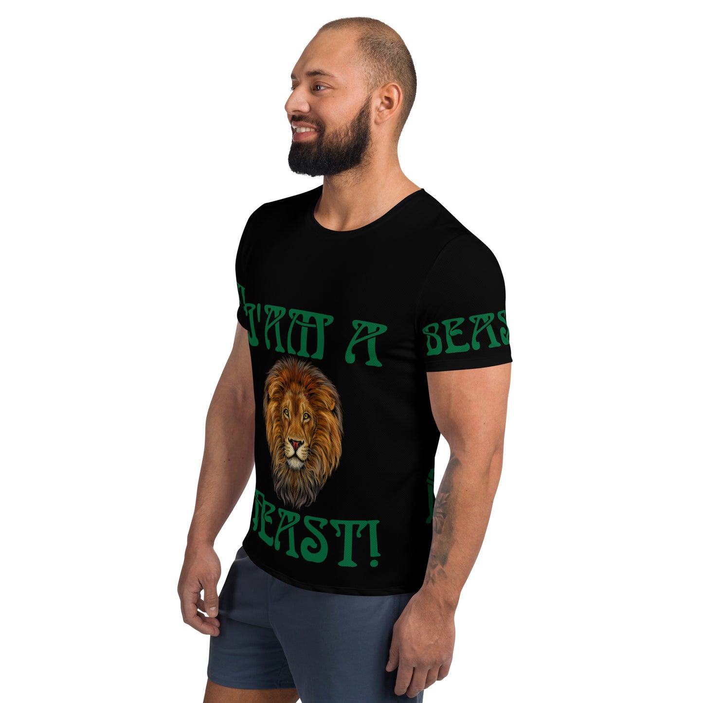 “I’AM A BEAST!”Black Men's Athletic T-Shirt W/Green Font