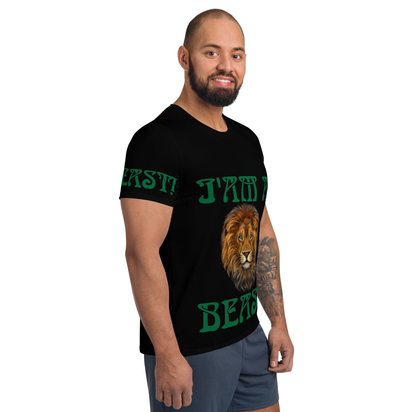 “I’AM A BEAST!”Black Men's Athletic T-Shirt W/Green Font