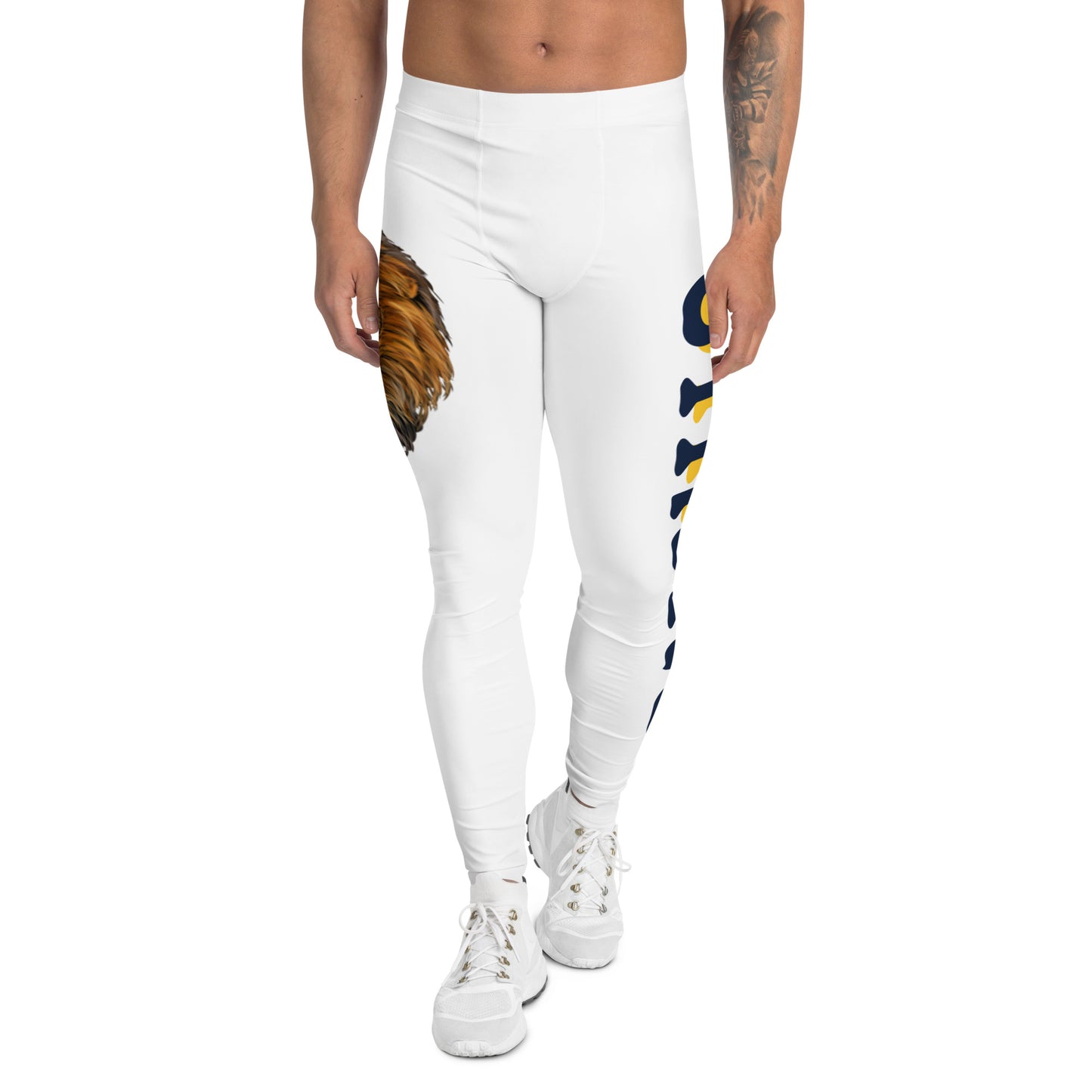 “STRONG”White Men's Leggings W/Shadow Navy & Yellow Font