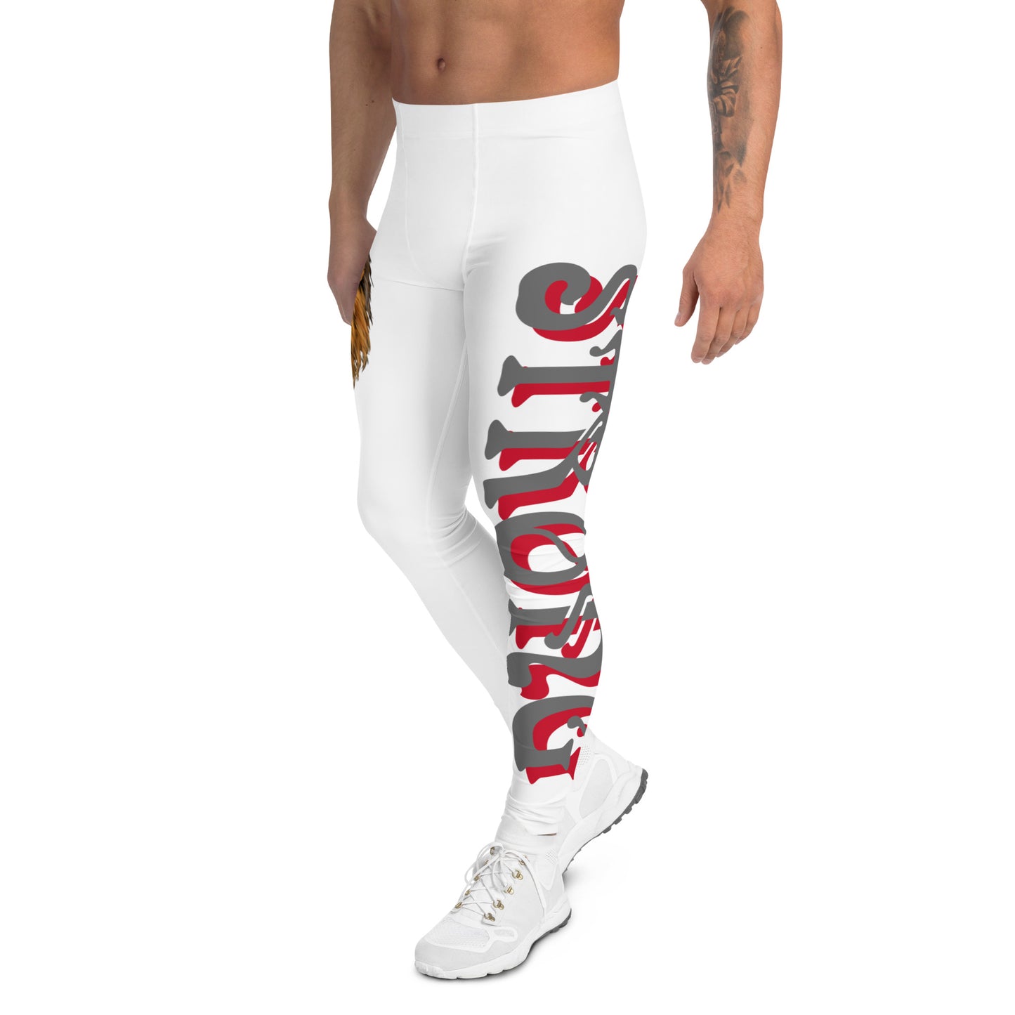 “STRONG”White Men's Leggings W/Shadow Red & Grey Font