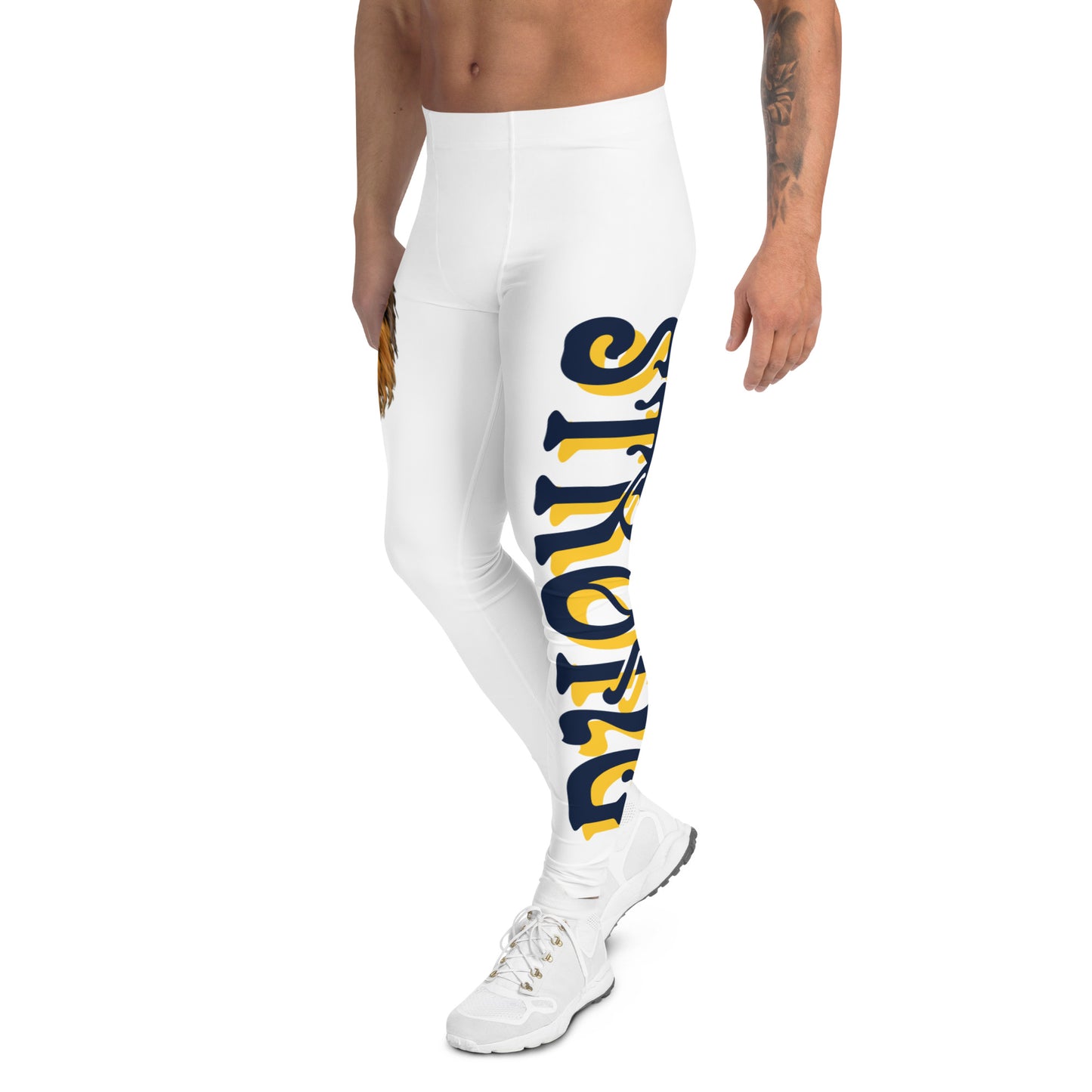 “STRONG”White Men's Leggings W/Shadow Navy & Yellow Font