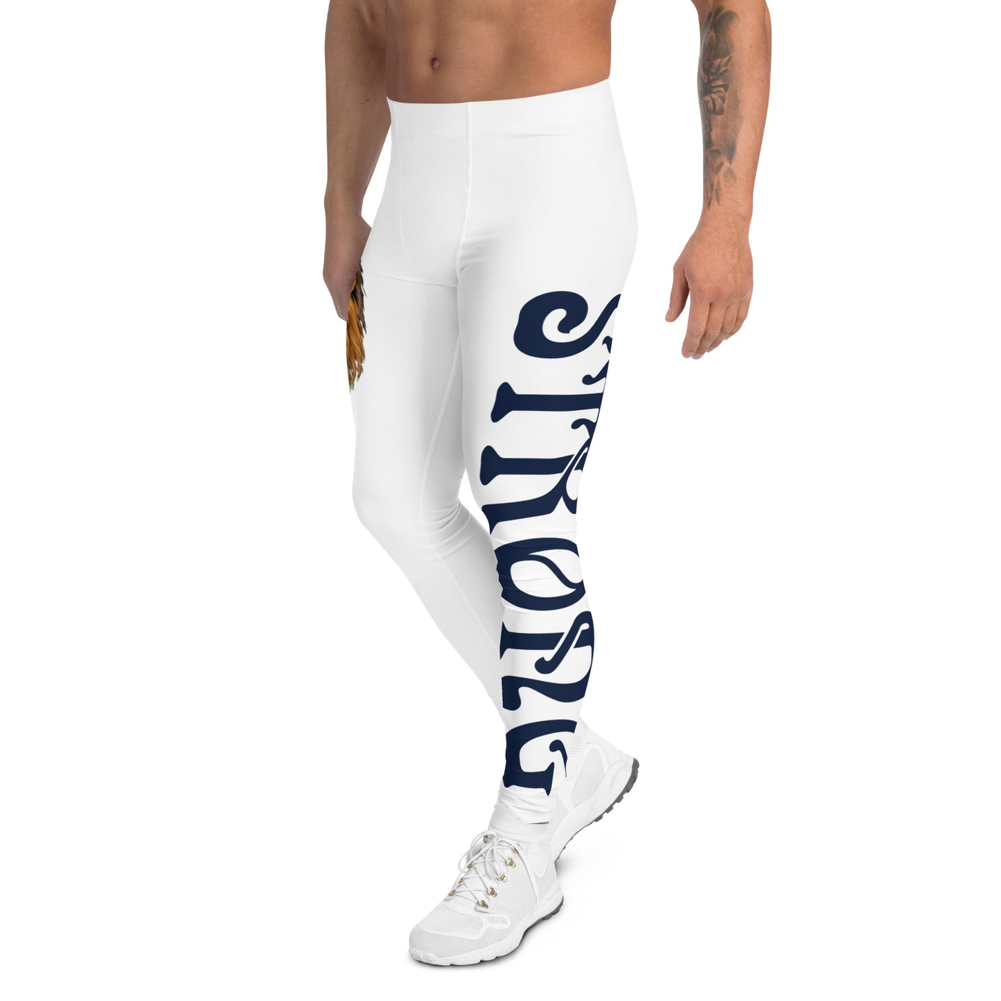 “STRONG”White Men's Leggings W/Navy Font