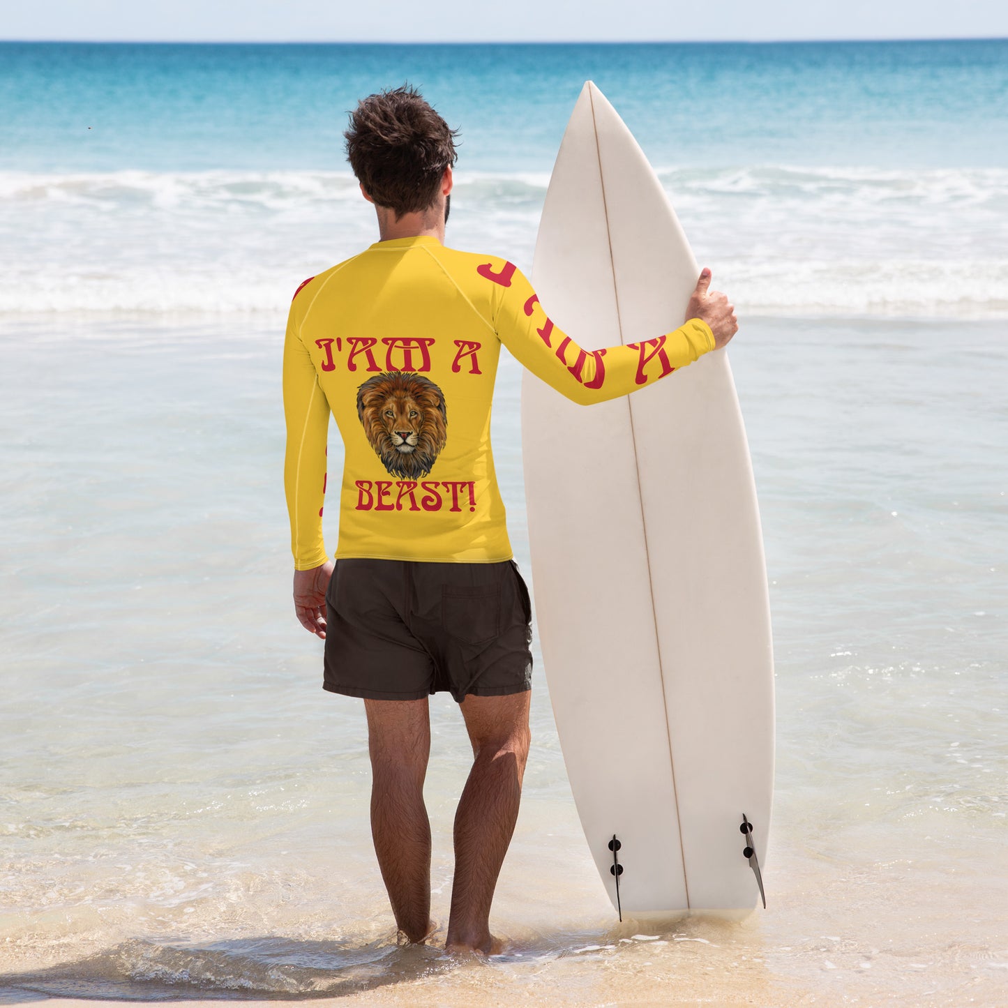 “I’AM A BEAST!”Yellow Men's Rash Guard W/Red Font