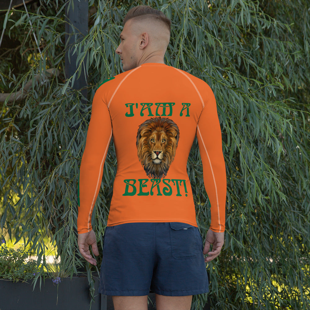 “I’AM A BEAST!”Orange Men's Rash Guard W/Green Font