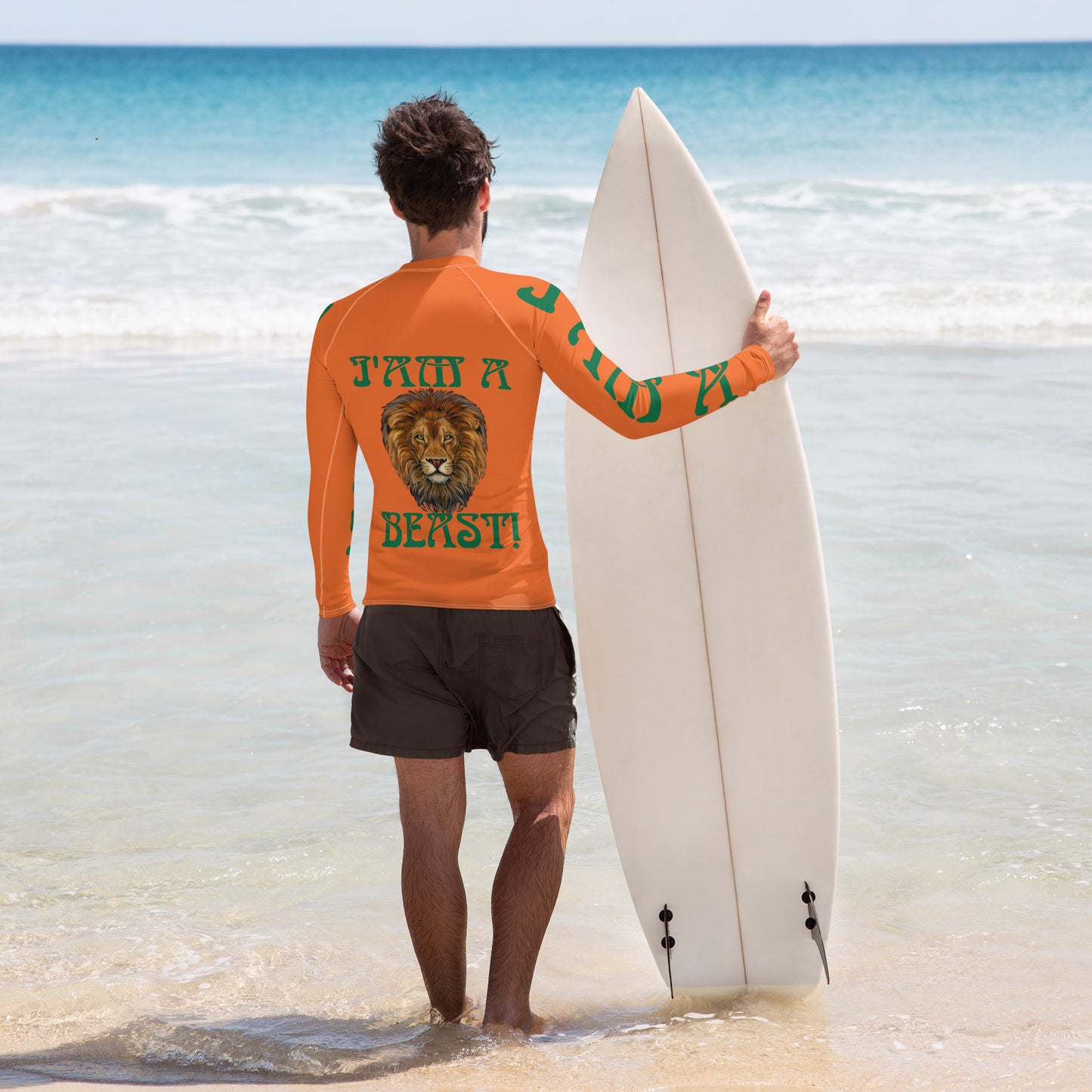 “I’AM A BEAST!”Orange Men's Rash Guard W/Green Font