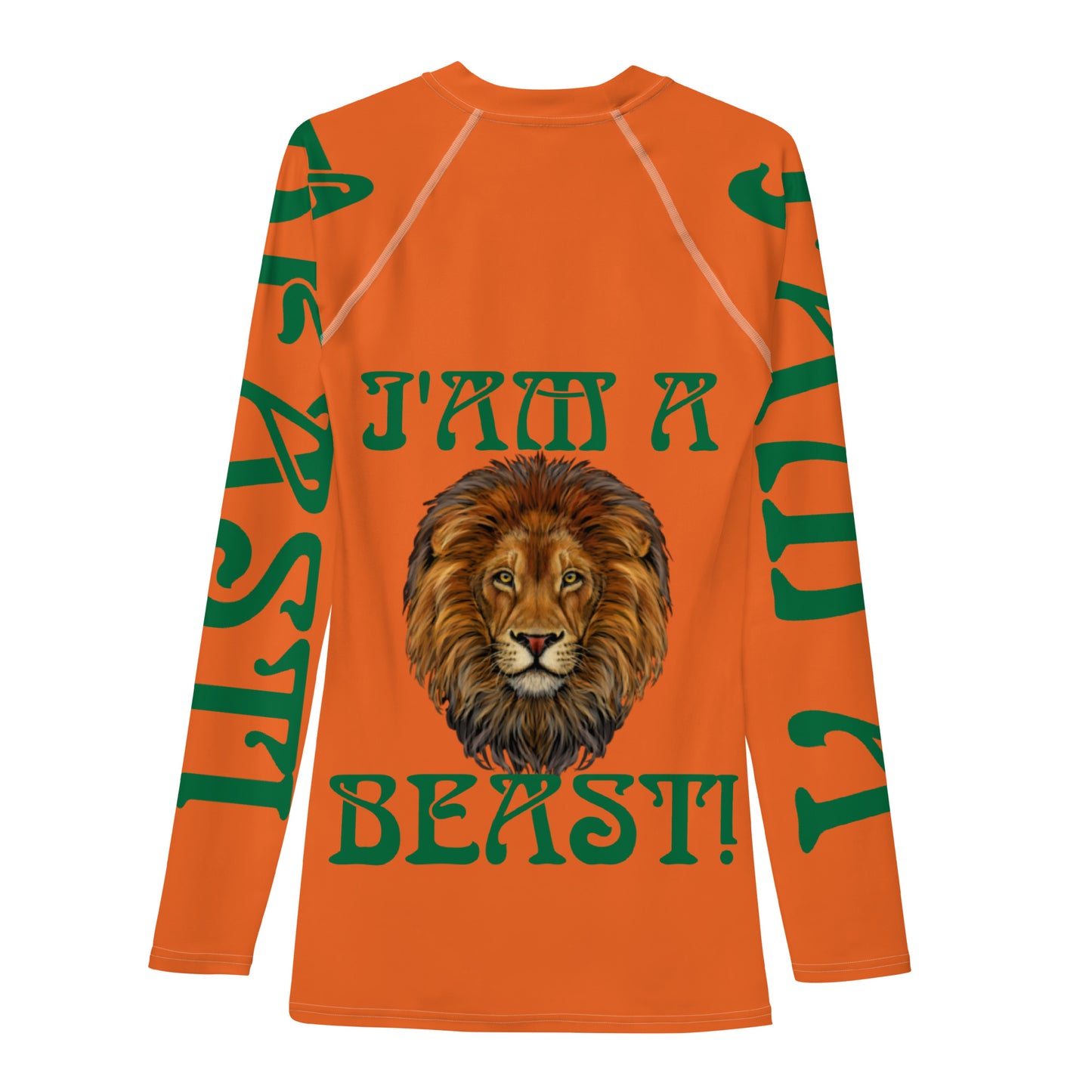 “I’AM A BEAST!”Orange Men's Rash Guard W/Green Font