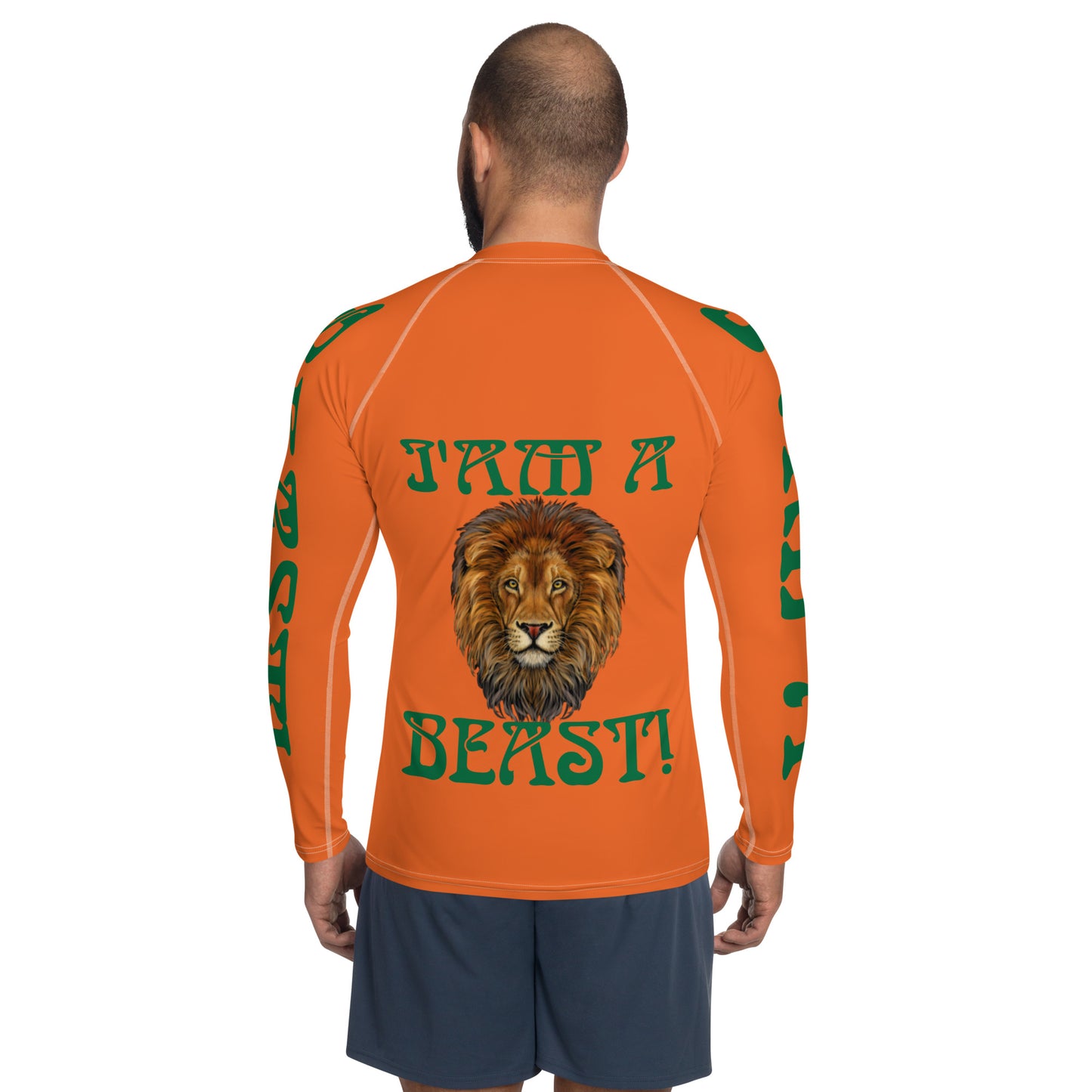 “I’AM A BEAST!”Orange Men's Rash Guard W/Green Font