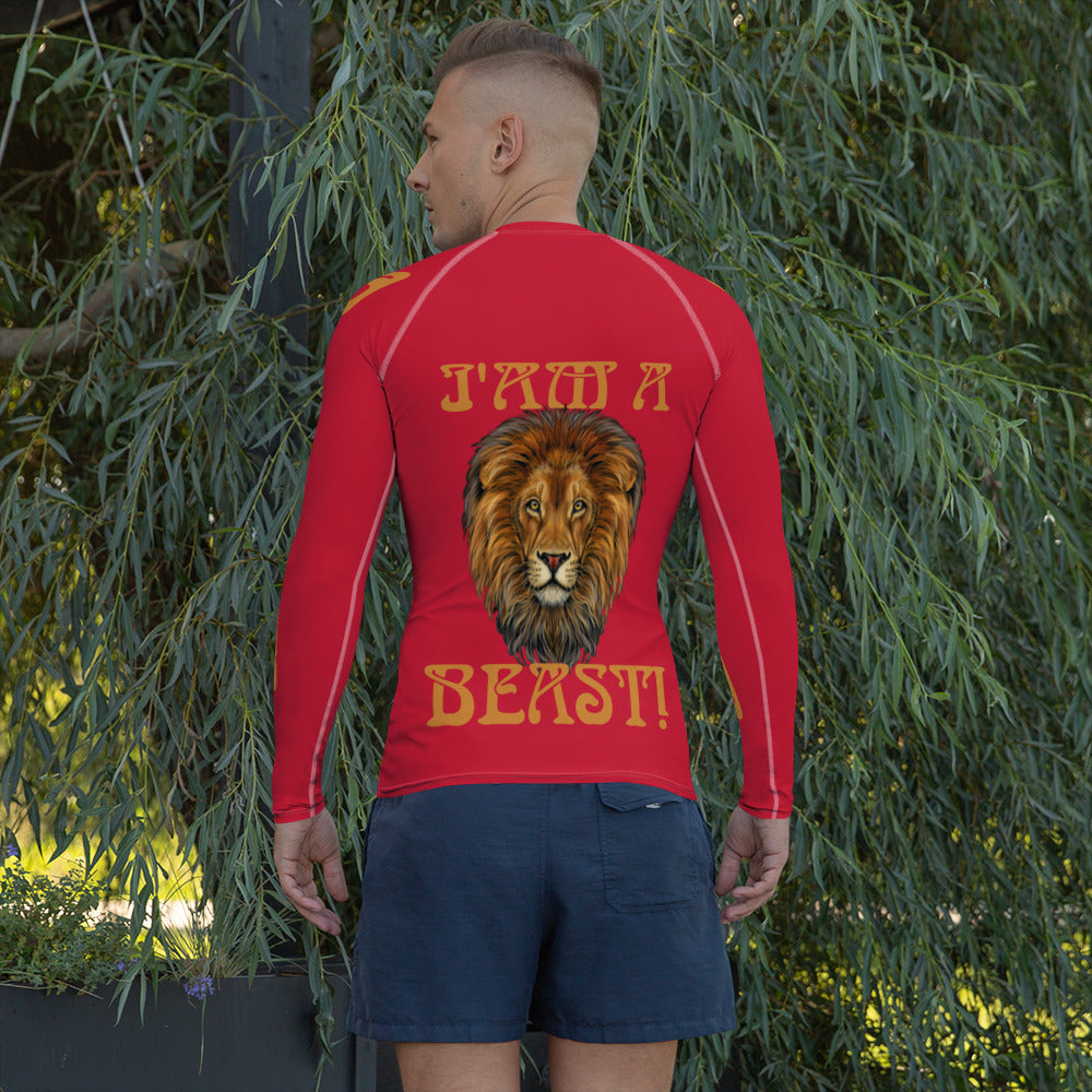 “I’AM A BEAST!" Red Men's Rash Guard W/Bronze Font