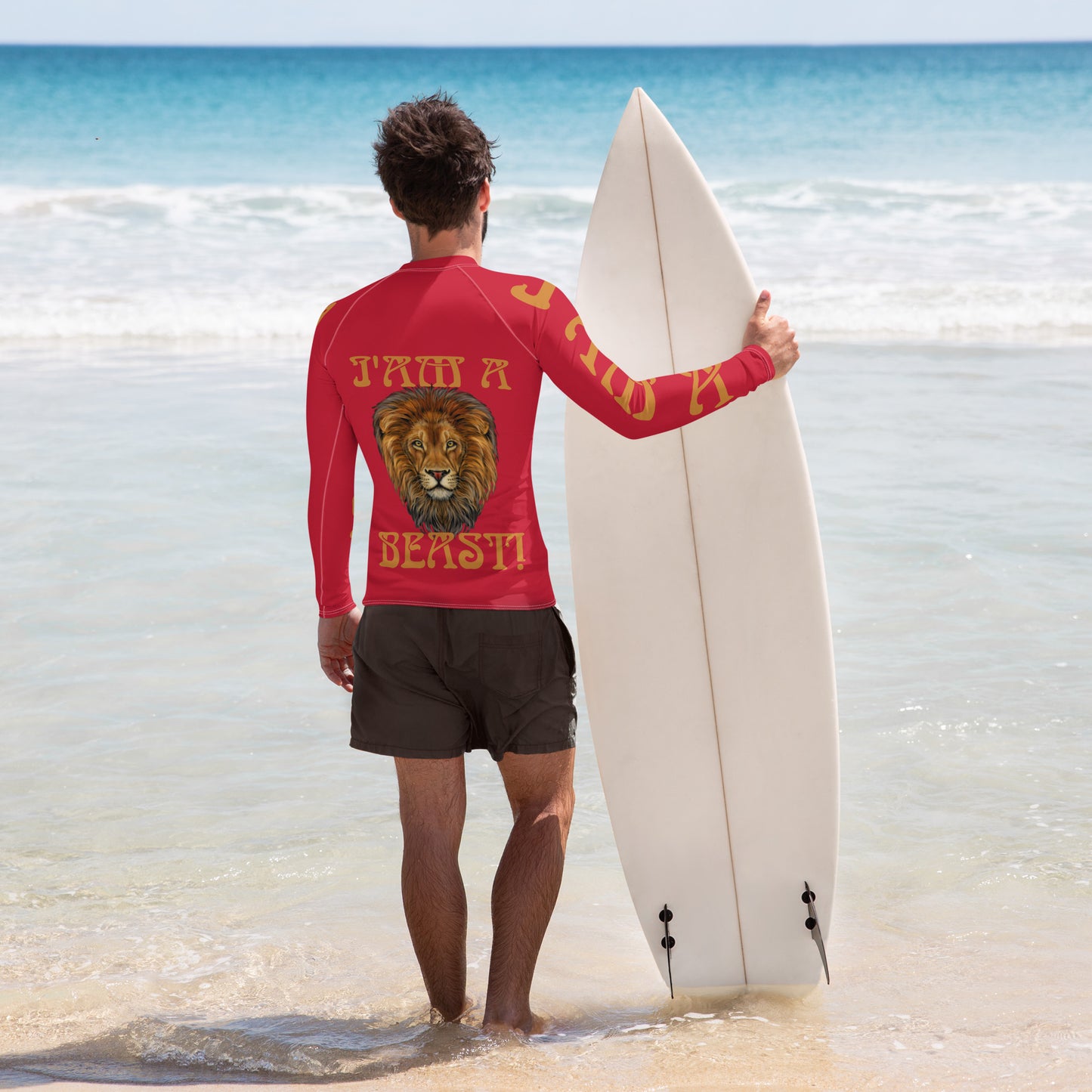 “I’AM A BEAST!" Red Men's Rash Guard W/Bronze Font