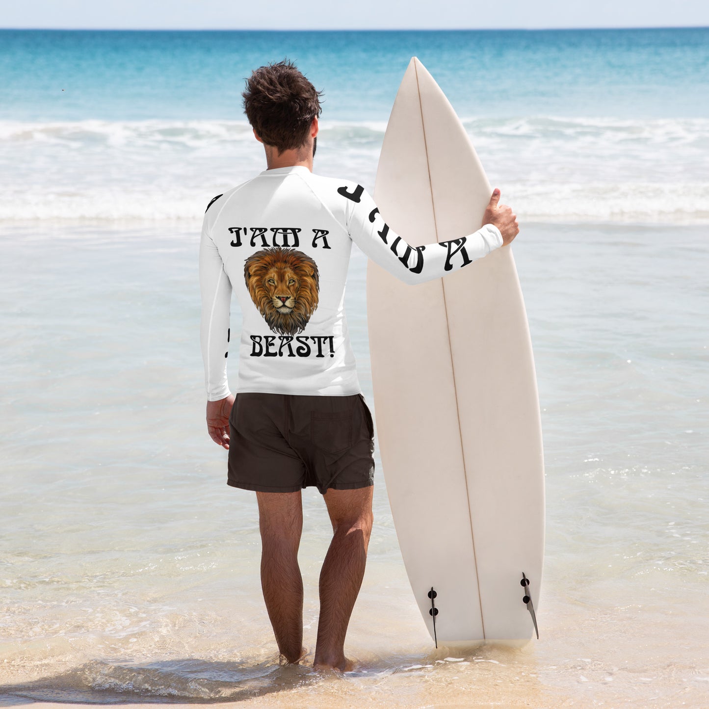 “I’AM A BEAST!”White Men's Rash Guard W/Black Font