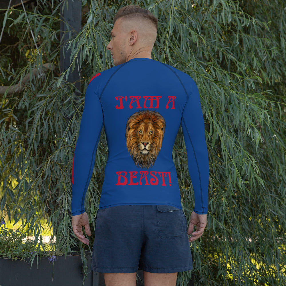 “I’AM A BEAST!”Blue Men's Rash Guard W/Red Font