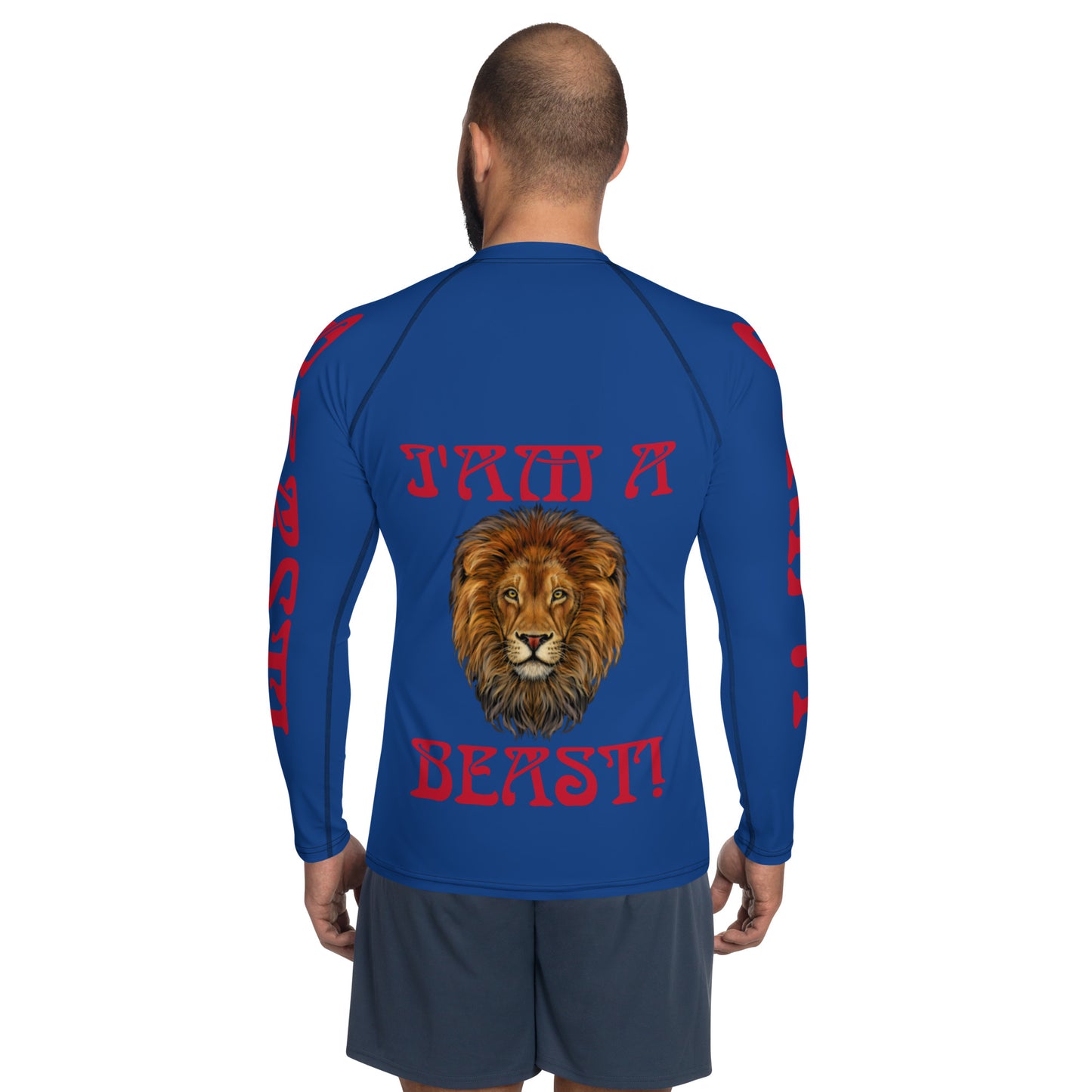 “I’AM A BEAST!”Blue Men's Rash Guard W/Red Font