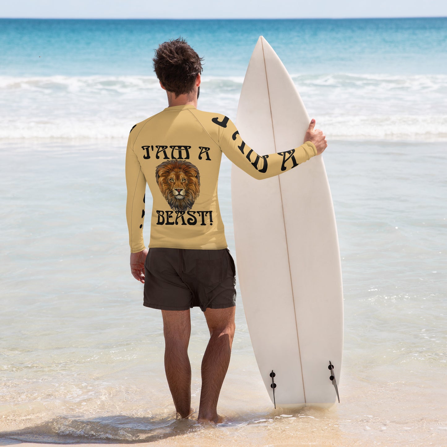 “I’AM A BEAST!” Fawn Men's Rash Guard W/Black Font