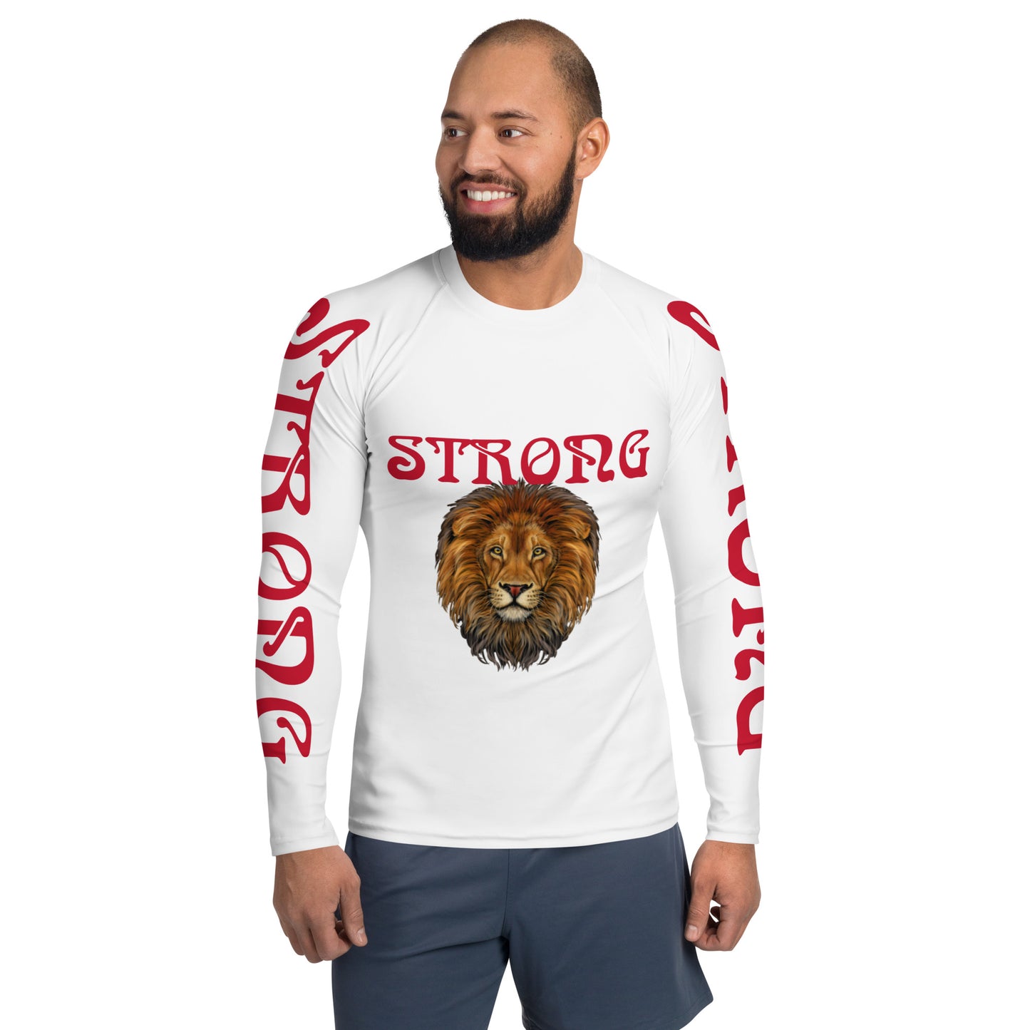 “STRONG" White Men's Rash Guard W/Red Font