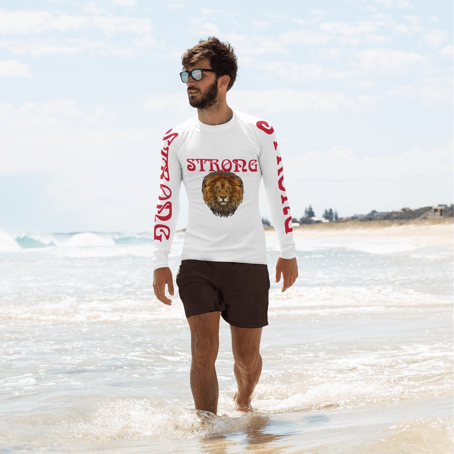 “STRONG" White Men's Rash Guard W/Red Font