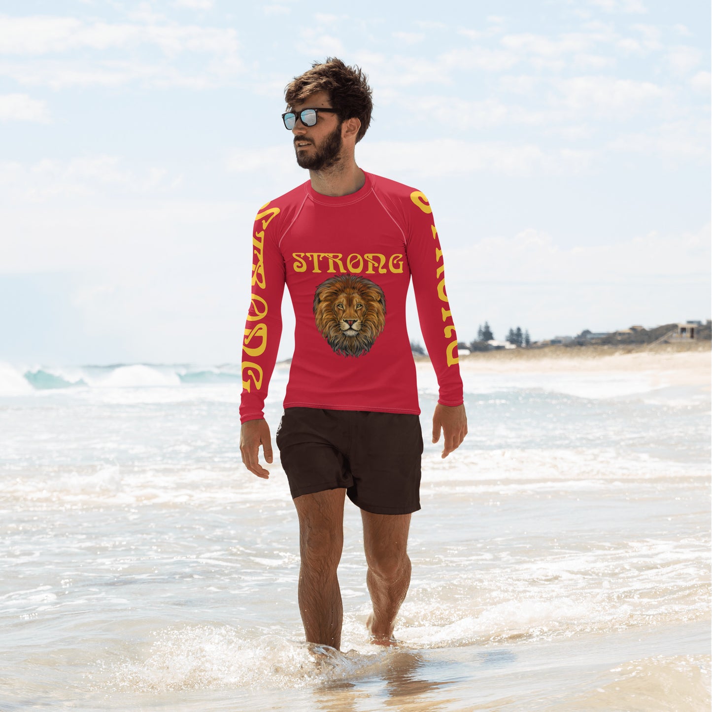 “STRONG”Red Men's Rash Guard W/Yellow Font