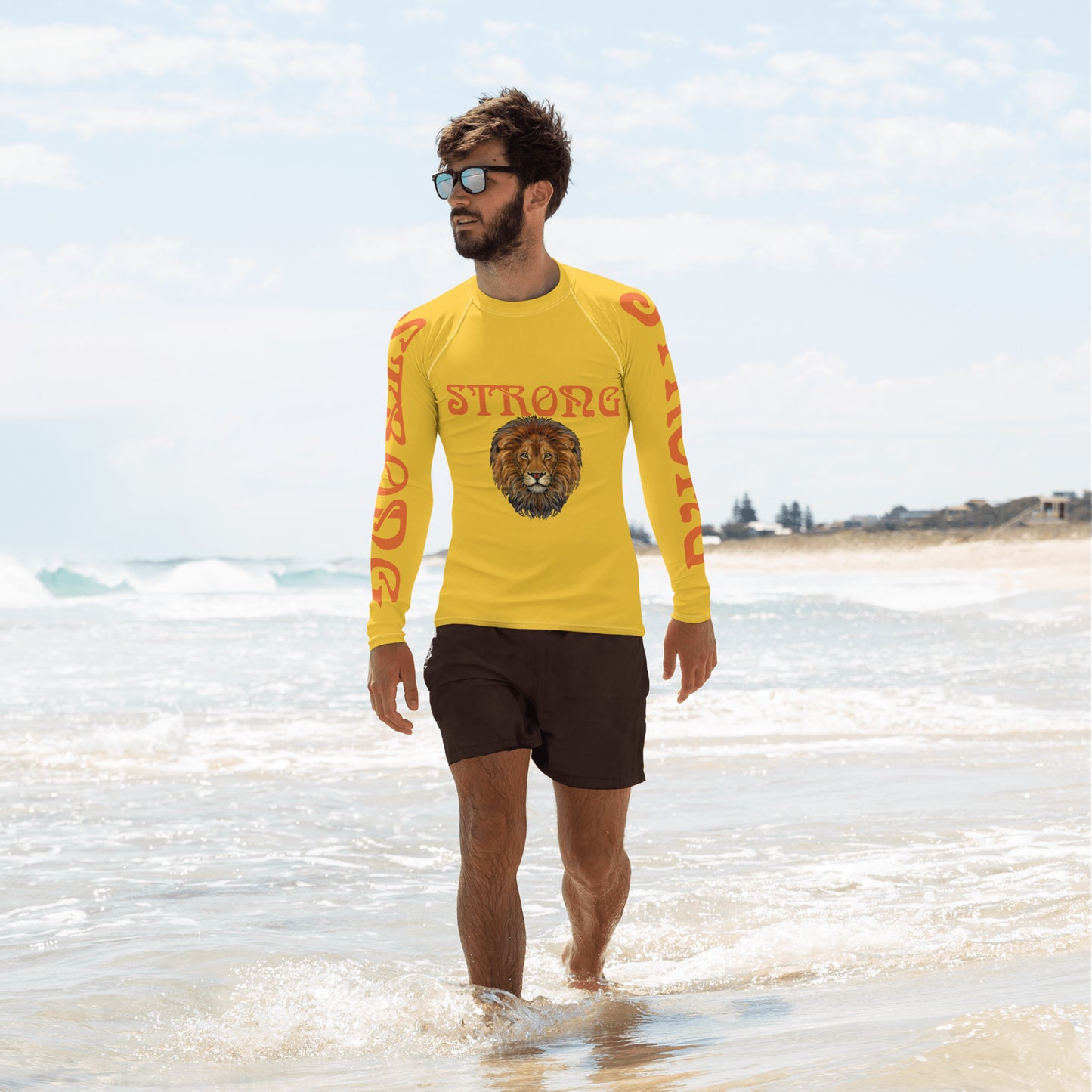 “STRONG”Yellow Men's Rash Guard W/Orange Font