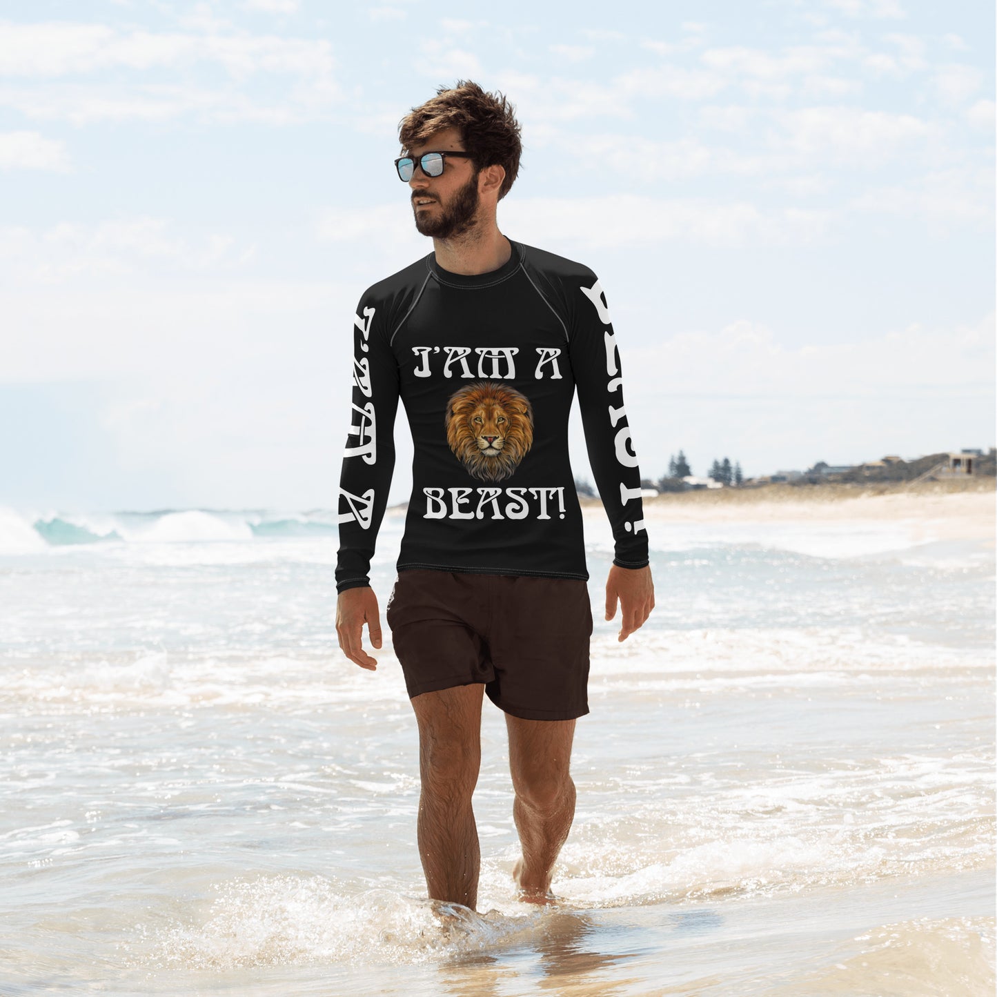 “I’AM A BEAST!”Black Men's Rash Guard W/White Font