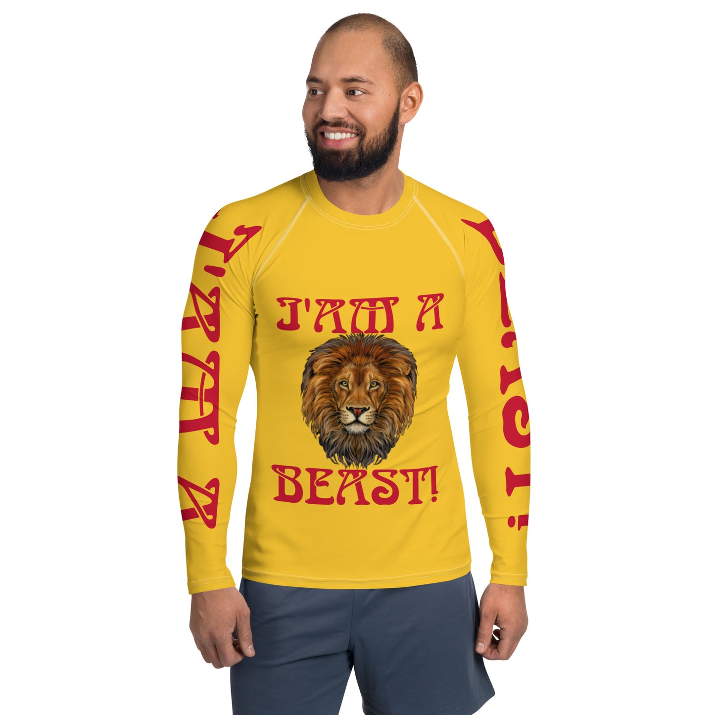 “I’AM A BEAST!”Yellow Men's Rash Guard W/Red Font