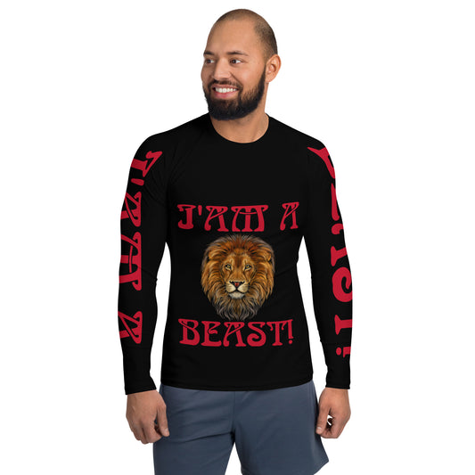 “I’AM A BEAST!”Black Men's Rash Guard W/Red Font