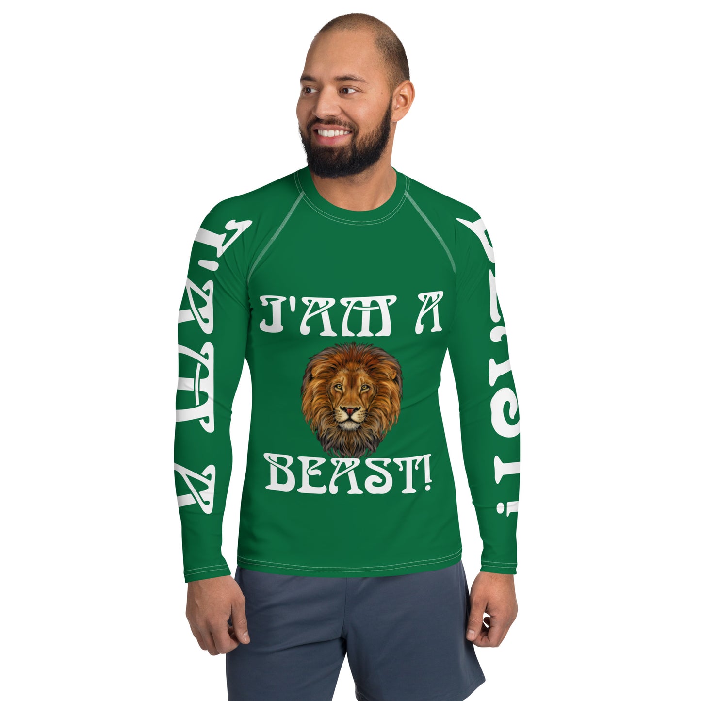 “I’AM A BEAST!”Green Men's Rash Guard W/White Font