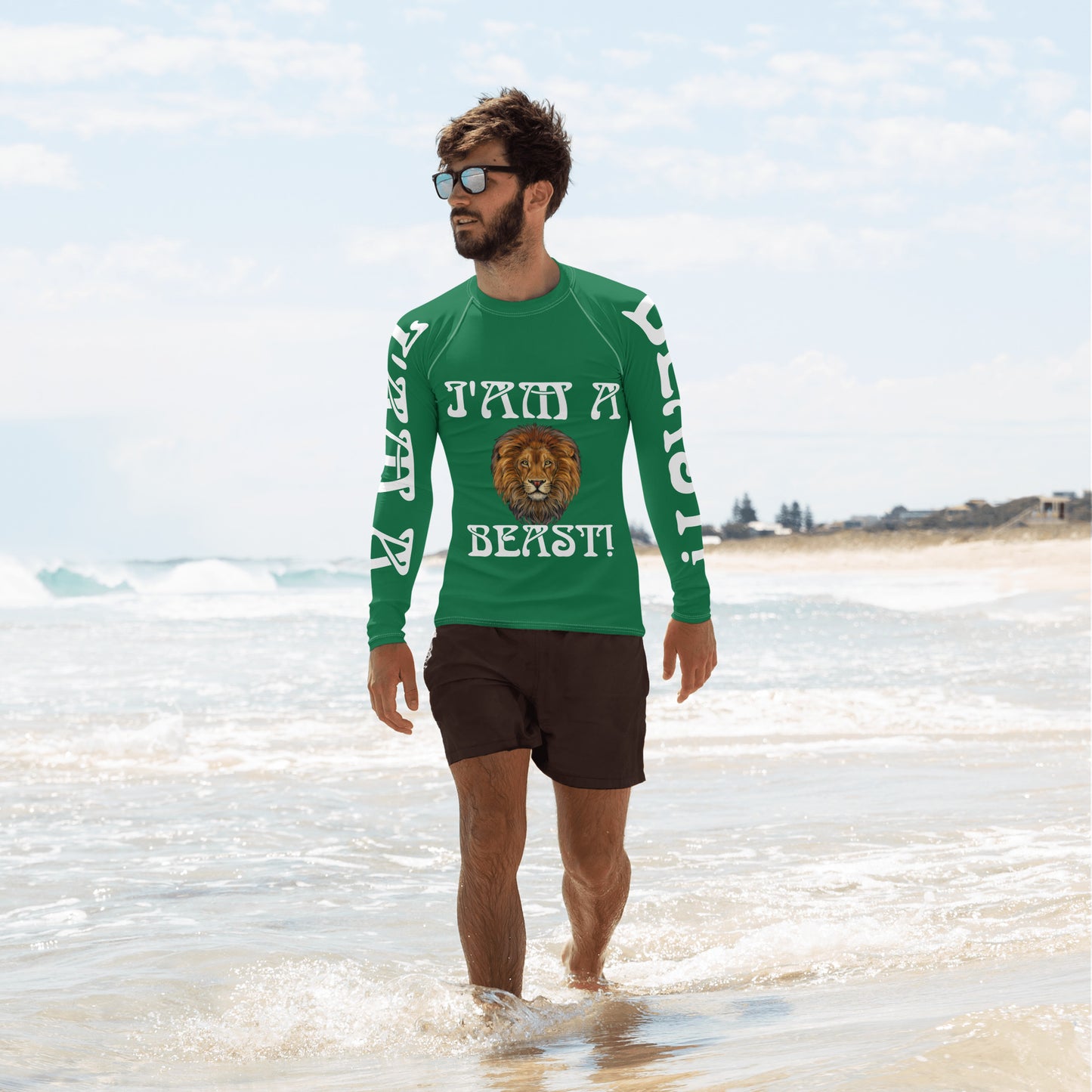 “I’AM A BEAST!”Green Men's Rash Guard W/White Font