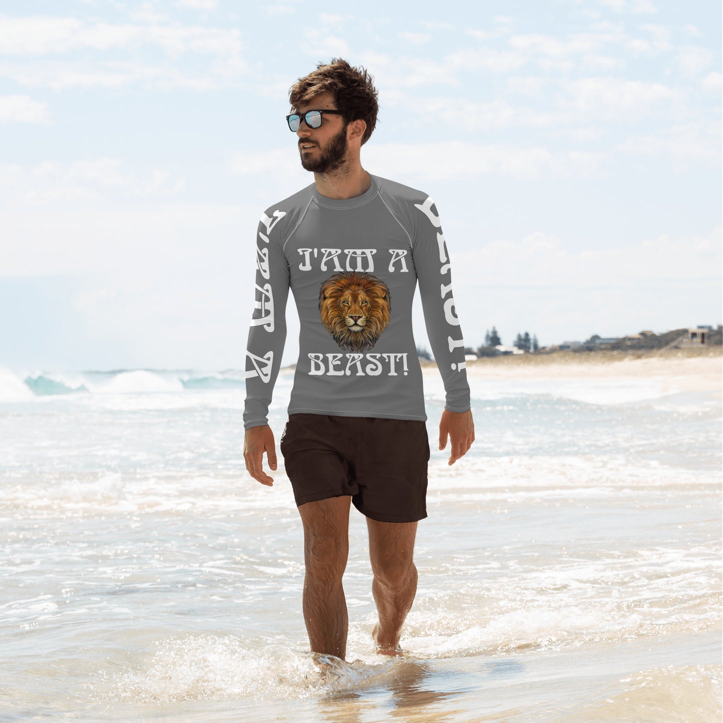 “I’AM A BEAST!”Grey Men's Rash Guard W/White Font