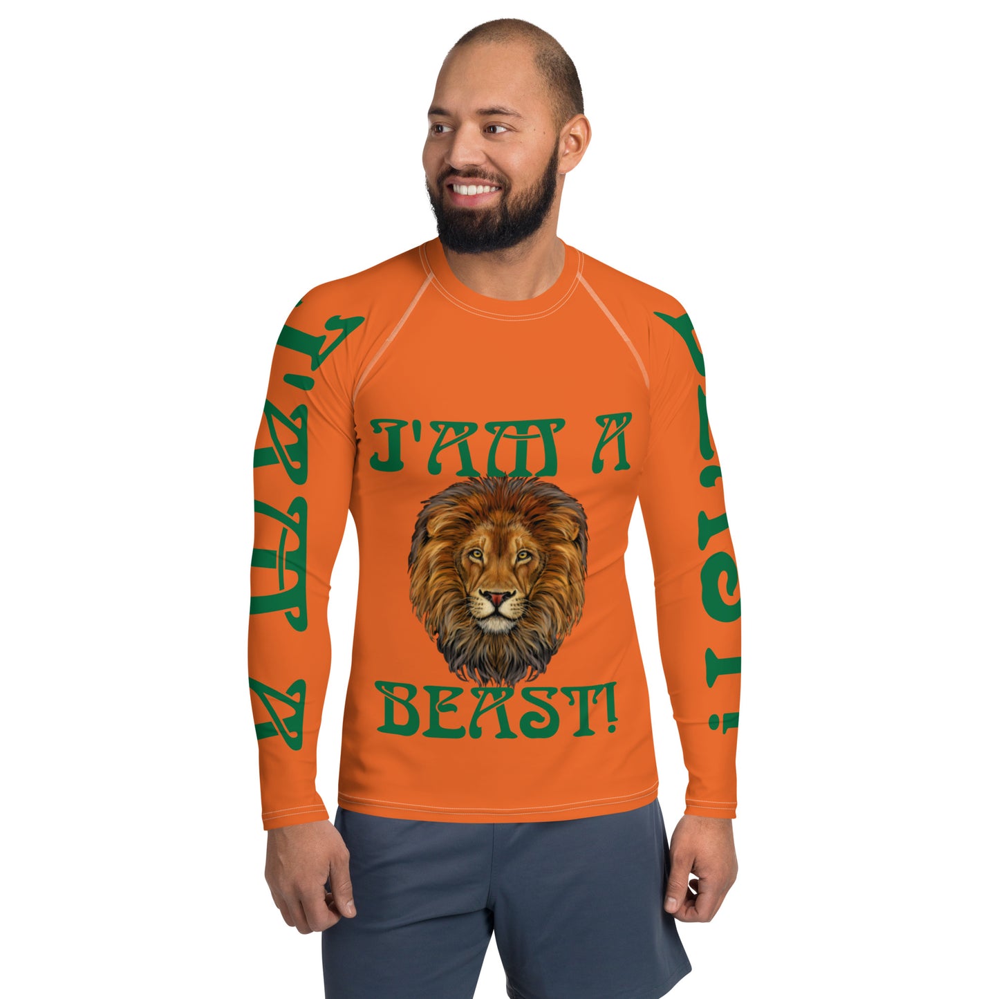 “I’AM A BEAST!”Orange Men's Rash Guard W/Green Font