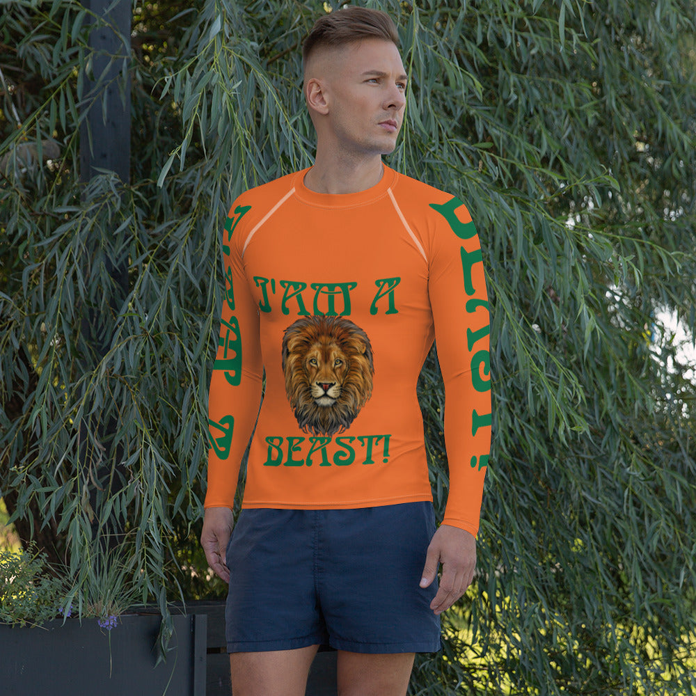 “I’AM A BEAST!”Orange Men's Rash Guard W/Green Font