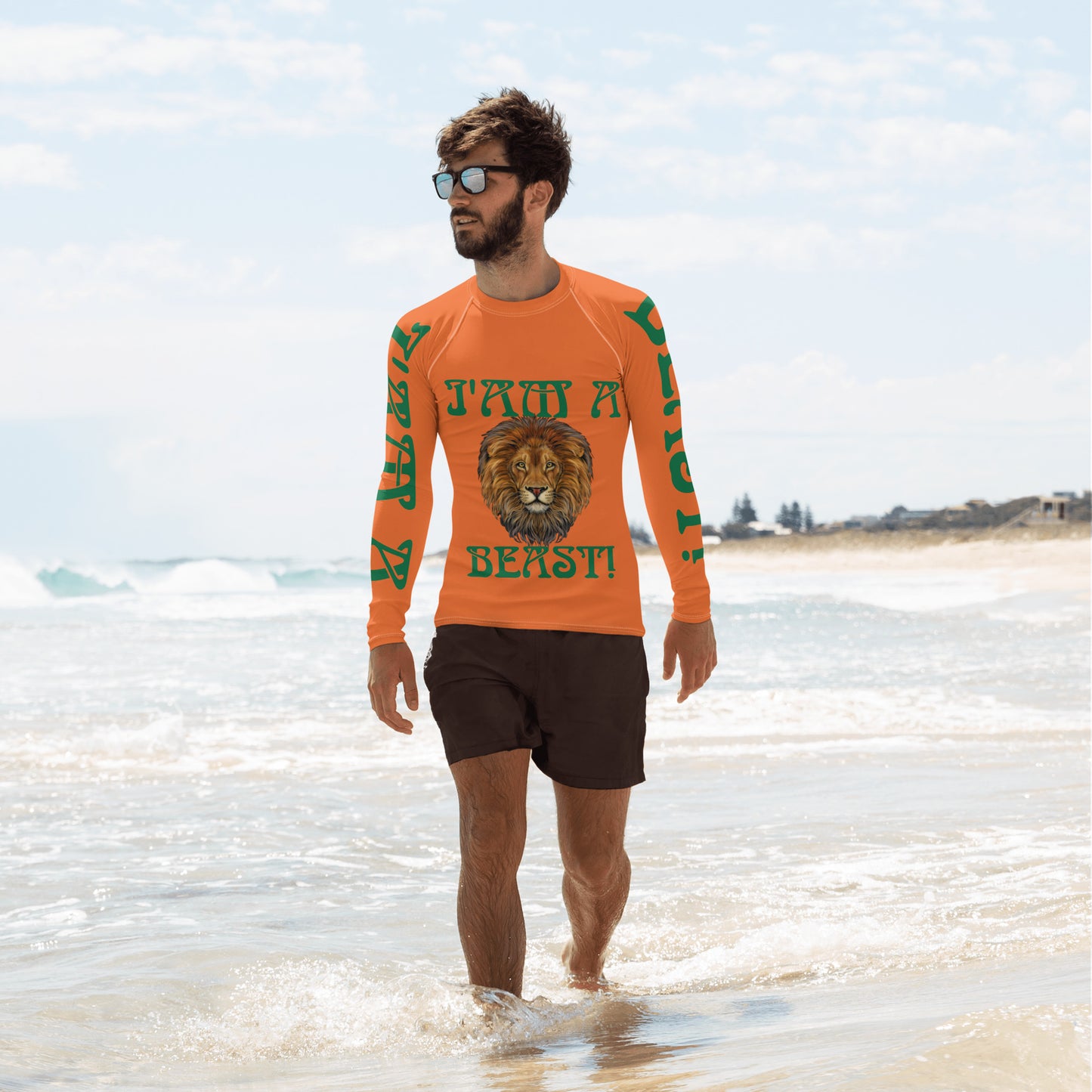 “I’AM A BEAST!”Orange Men's Rash Guard W/Green Font