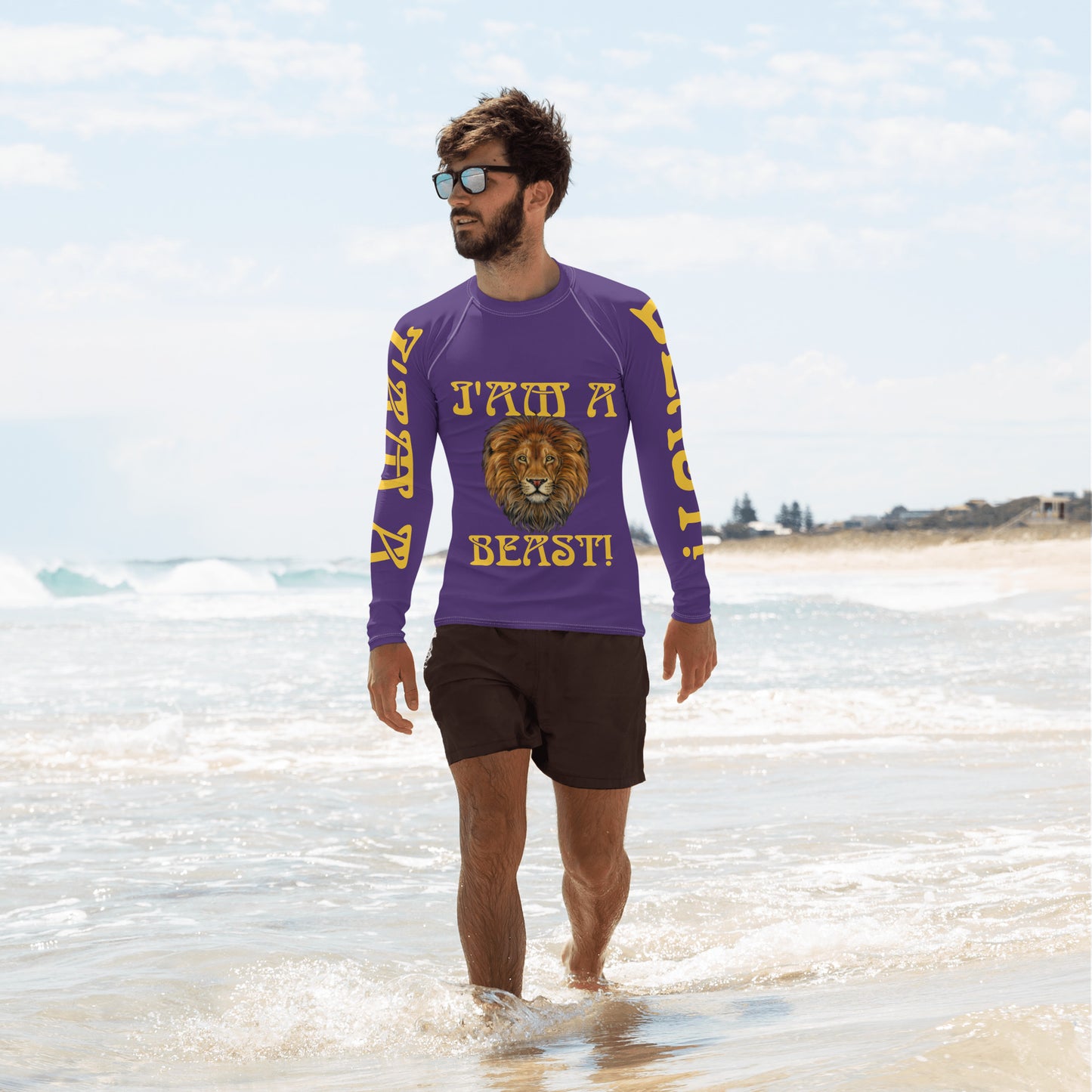 “I’AM A BEAST!” Purple Men's Rash Guard W/Yellow Font