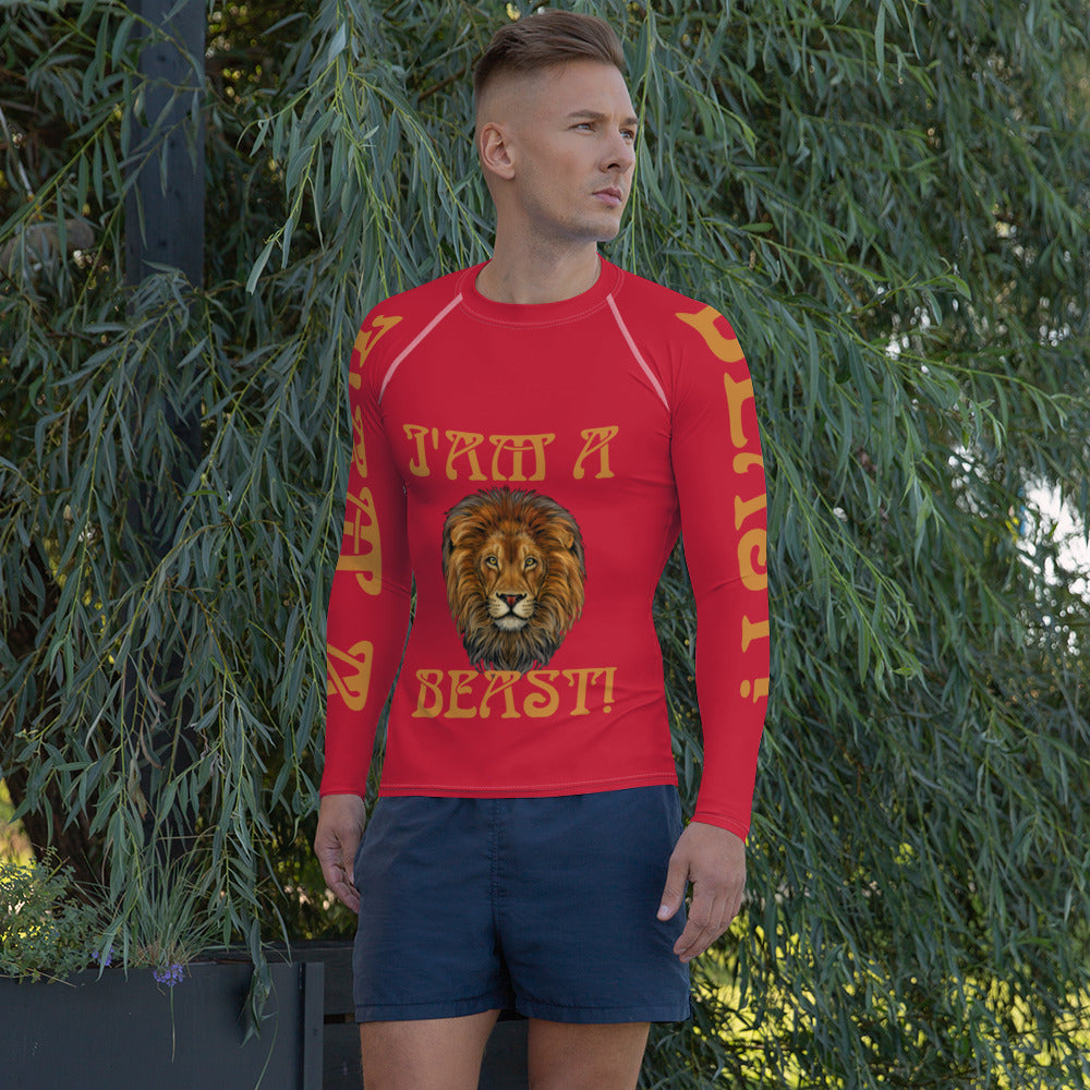 “I’AM A BEAST!" Red Men's Rash Guard W/Bronze Font