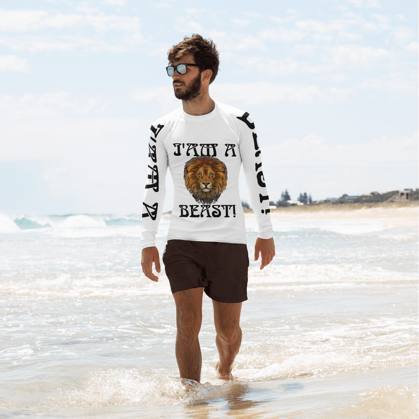 “I’AM A BEAST!”White Men's Rash Guard W/Black Font