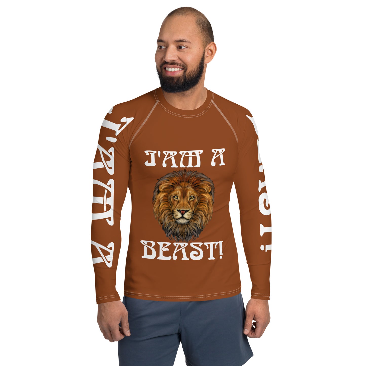 “I’AM A BEAST!”Brown Men's Rash Guard W/White Font